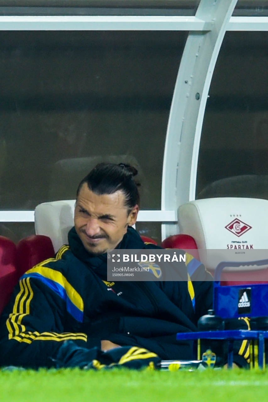 Sveriges Zlatan Ibrahimovic grimaserar på bänken i andra