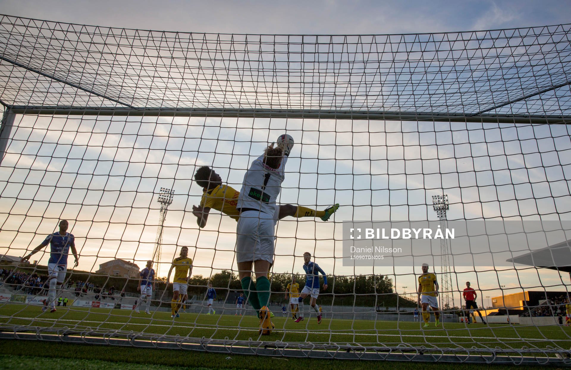 Lunds målvakt Markus Norman och Emmanuel Esam räddar på mållinjen under fotbollsmatchen i division ett Södra mellan Lunds BK och Trelleborgs FF den7 September 2015 i Lund.