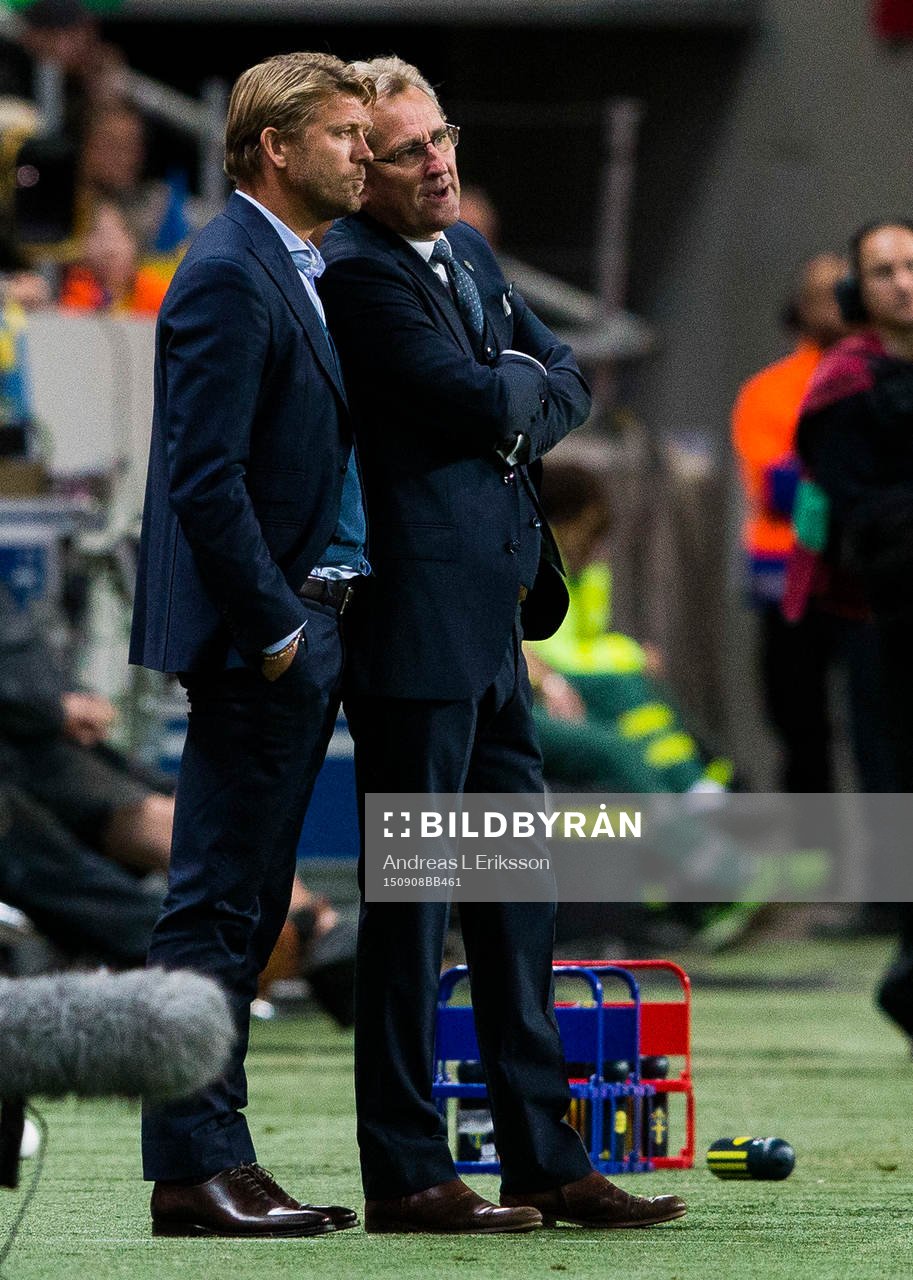 Sveriges player manager Markus Allbäck och förbundskapten