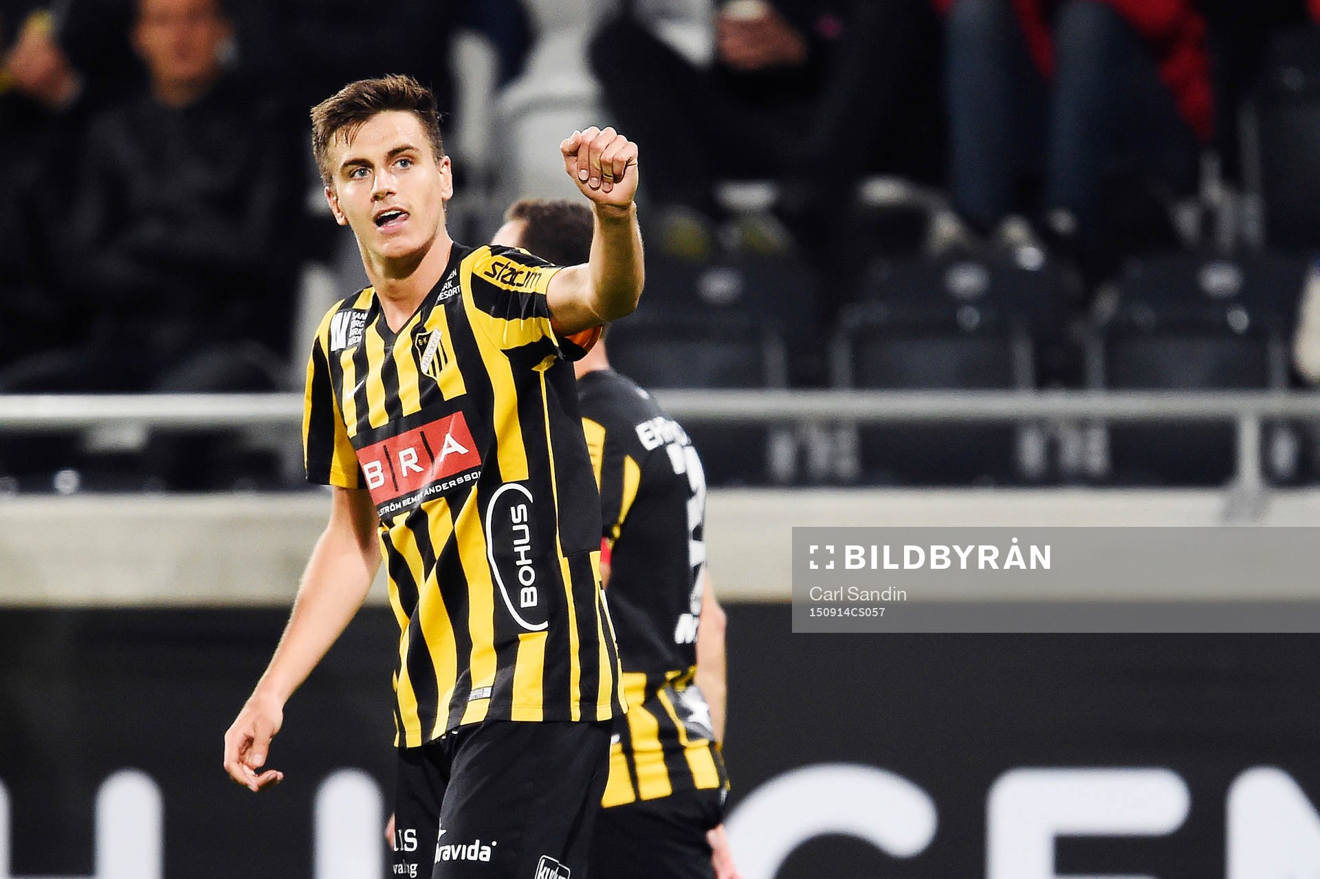 Häckens Alexander Jeremejeff jublar efter 3-1 under en fotbollsmatch i Allsvenskan mellan Häcken och Halmstad den 14 september 2015 i Göteborg.