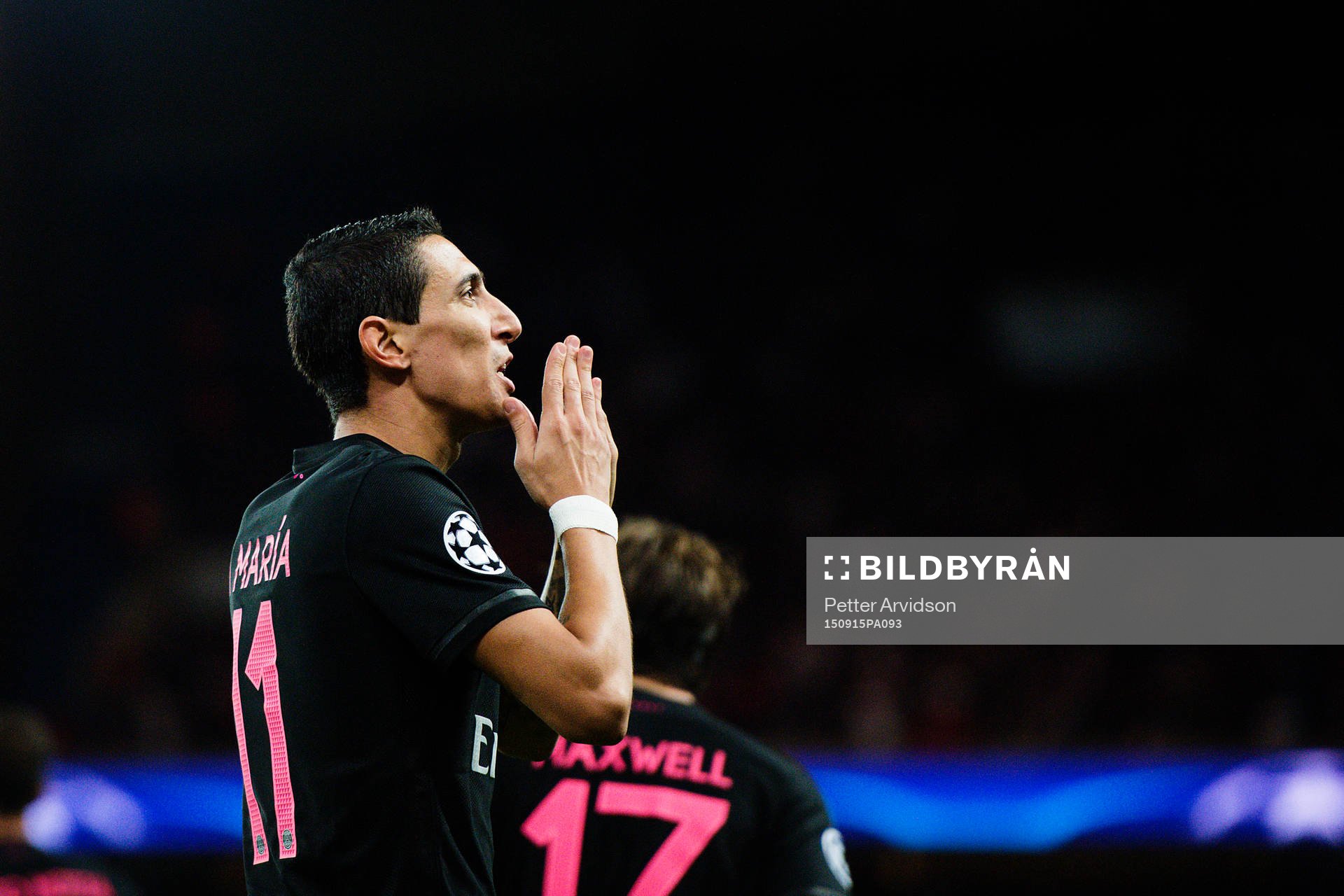 PSG:s Angel Di Maria gör 1-0 och jublar under fotbollsmatchen i Champions League mellan Paris Saint Germain och Malmö FF den 15 september 2015 i Paris.