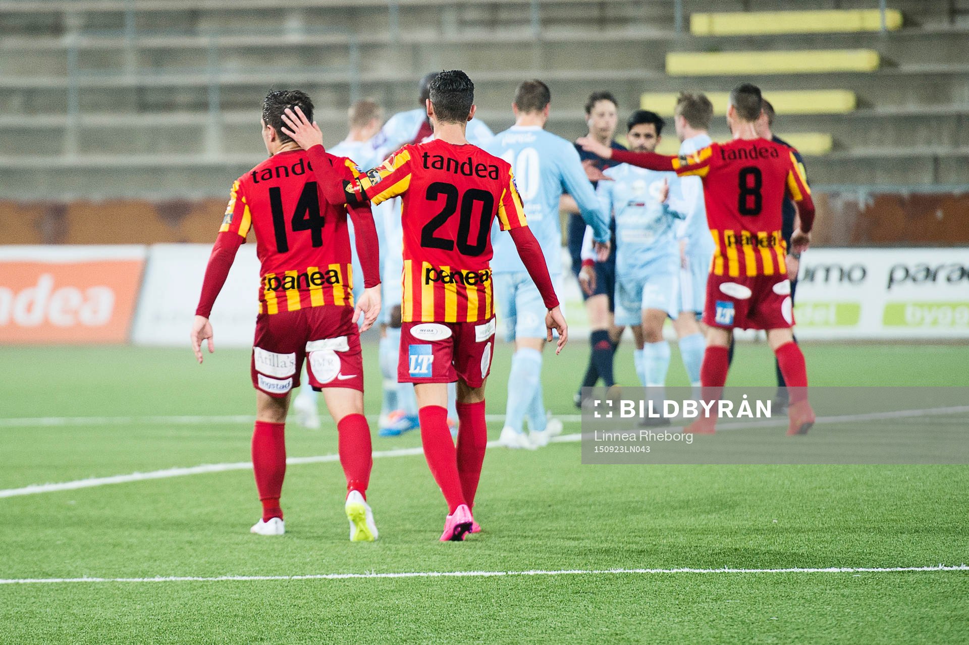 Syrianskas Gabriel Somi tackar lagkamraten Durim Berisha efter fotbollsmatchen i Superettan mellan Syrianska och Degerfors den 23 september 2015 i Stockholm.