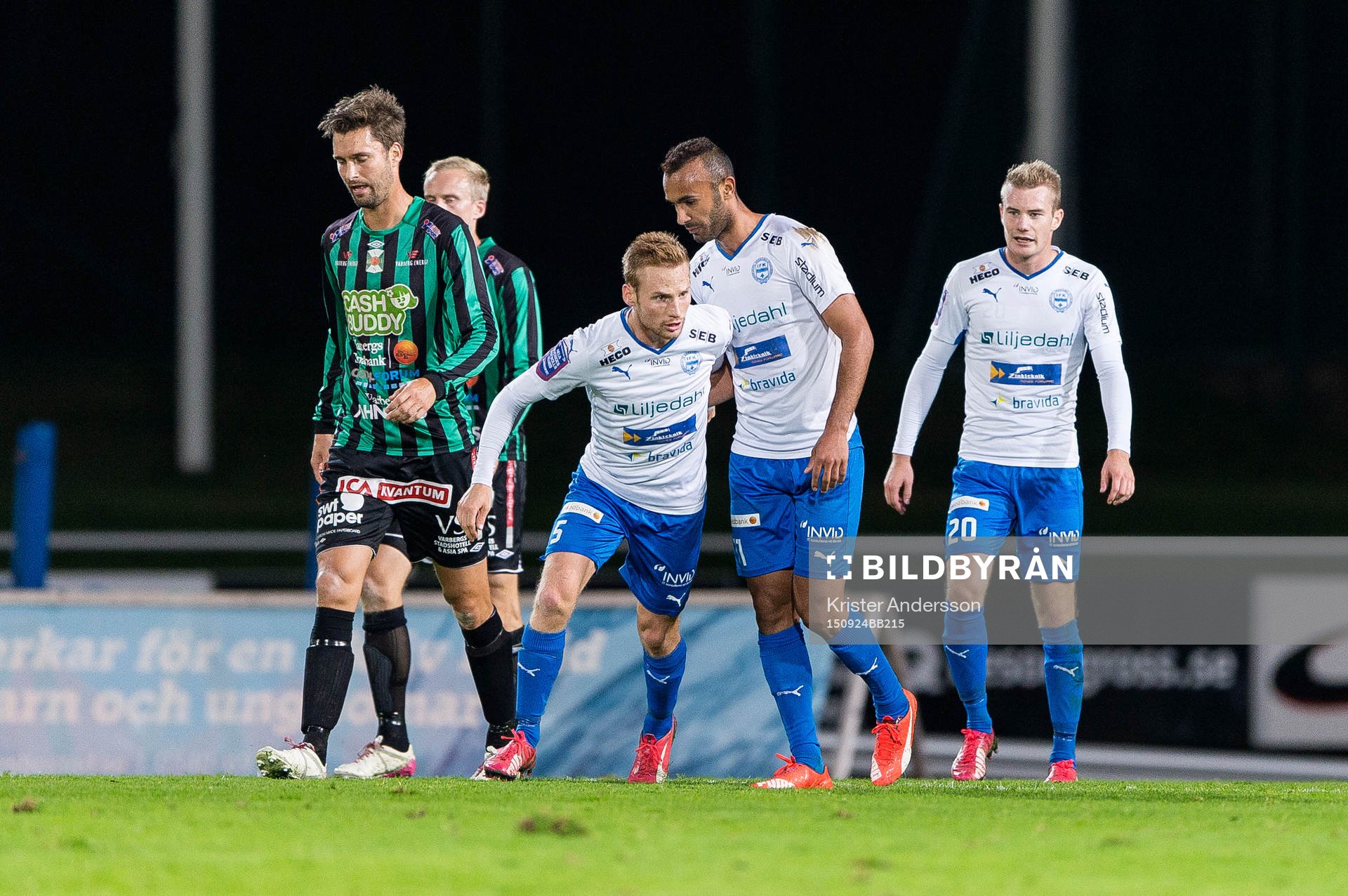 Värnamos Issam Jeball (mitten) har gjort 2-1 och jublar under fotbollsmatchen i Superettan mellan Varberg och Värnamo den 24 september 2015 i Varberg.