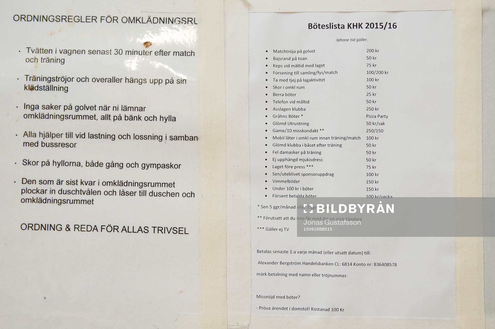 ett papper med regler i Karlskronas omklädningsrum innan