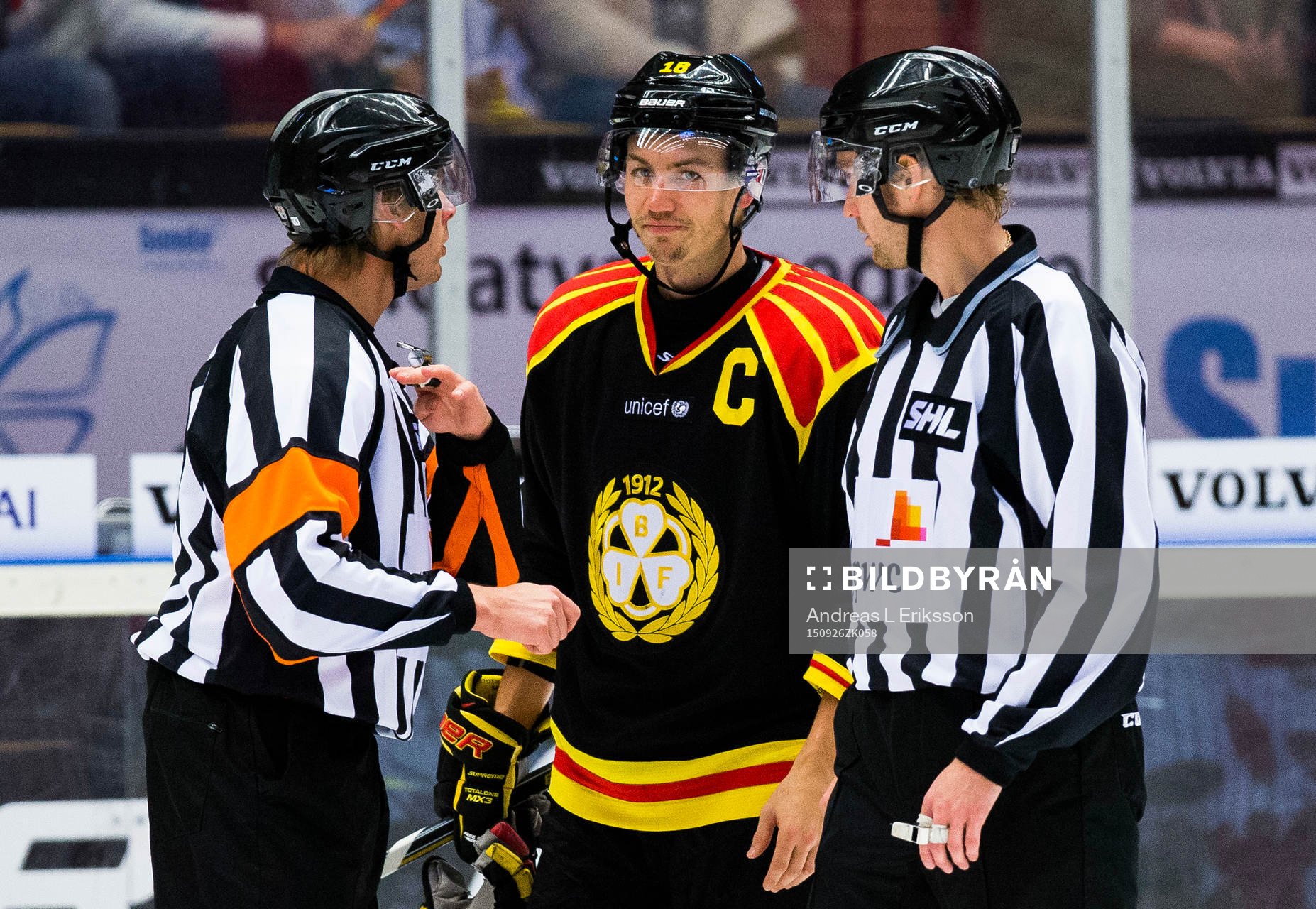 Domare Mikael Andersson talar med Brynäs Anton Rödin