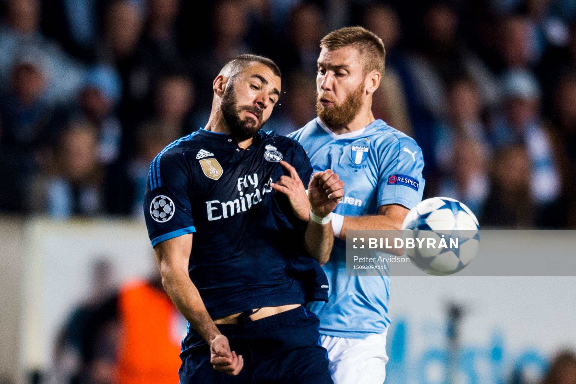 Real Madrids Karim Benzema och Malmö FFs Rasmus Bengtsson