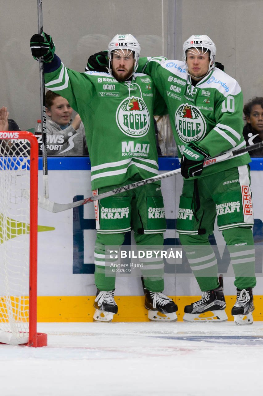 Rögles Kelsey Tessier och Viktor Lindgren jublar