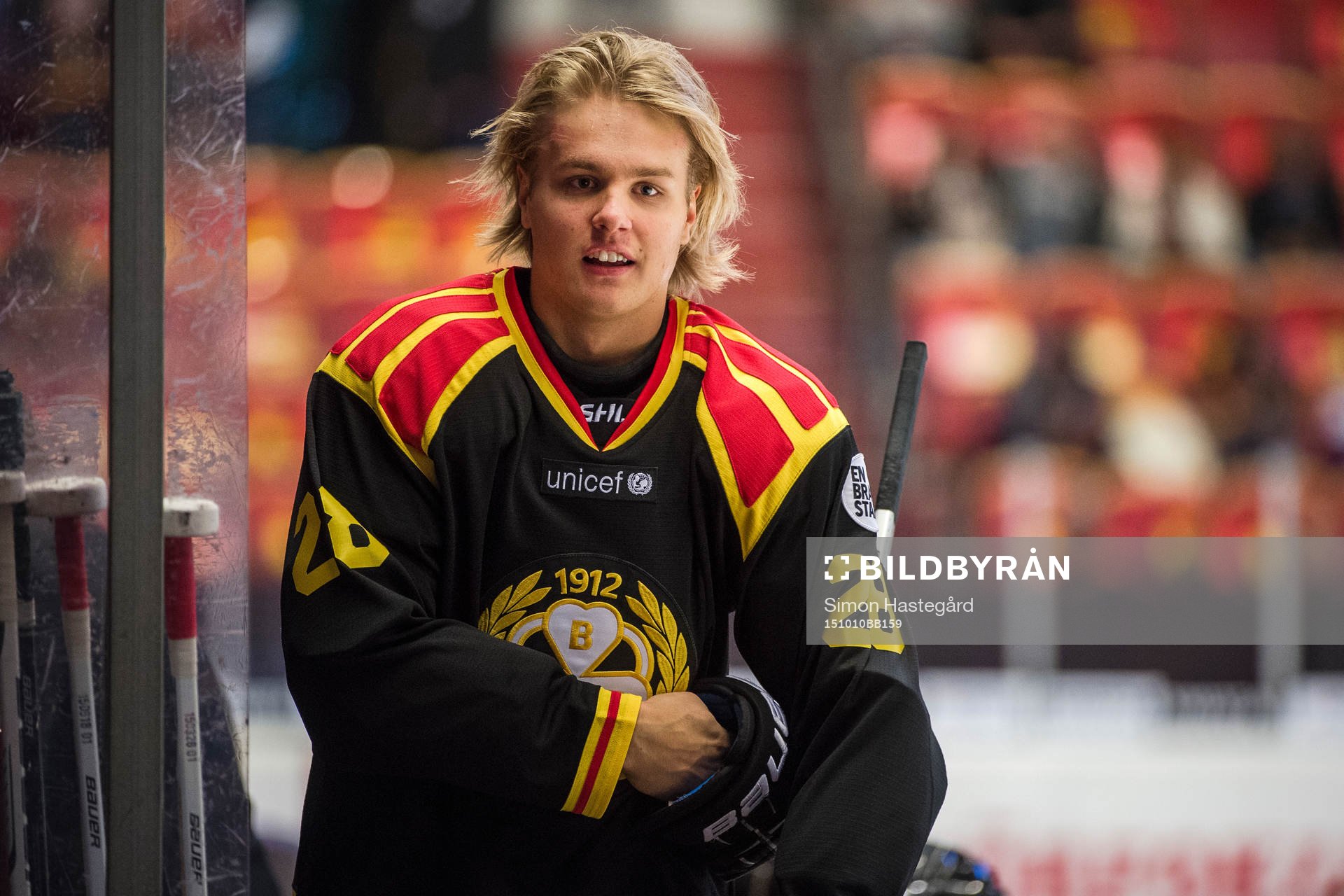 Brynäs Hampus Eriksson före ishockeymatchen i SHL mellan