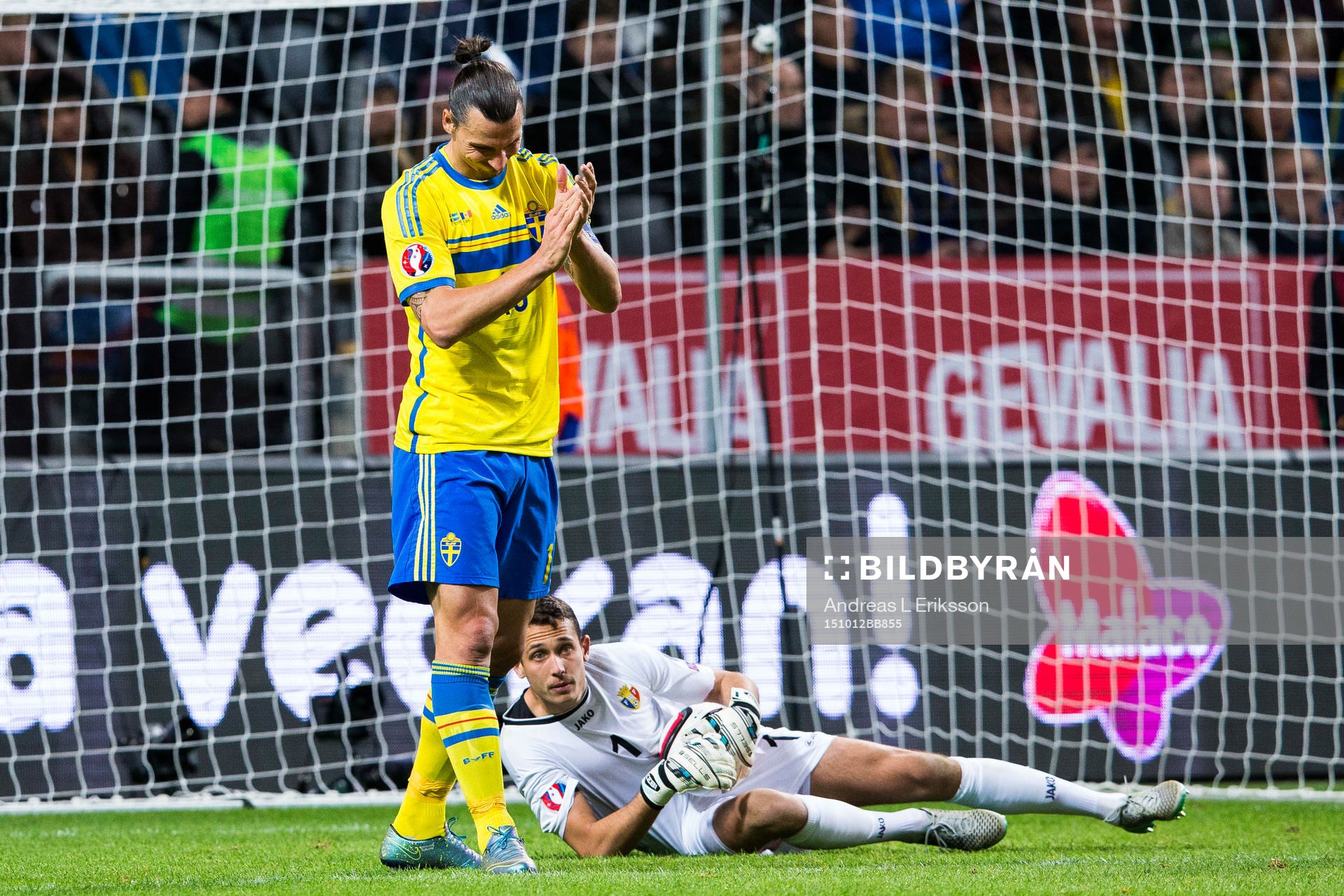 Sveriges Zlatan Ibrahimovic och Moldaviens målvakt Ilie
