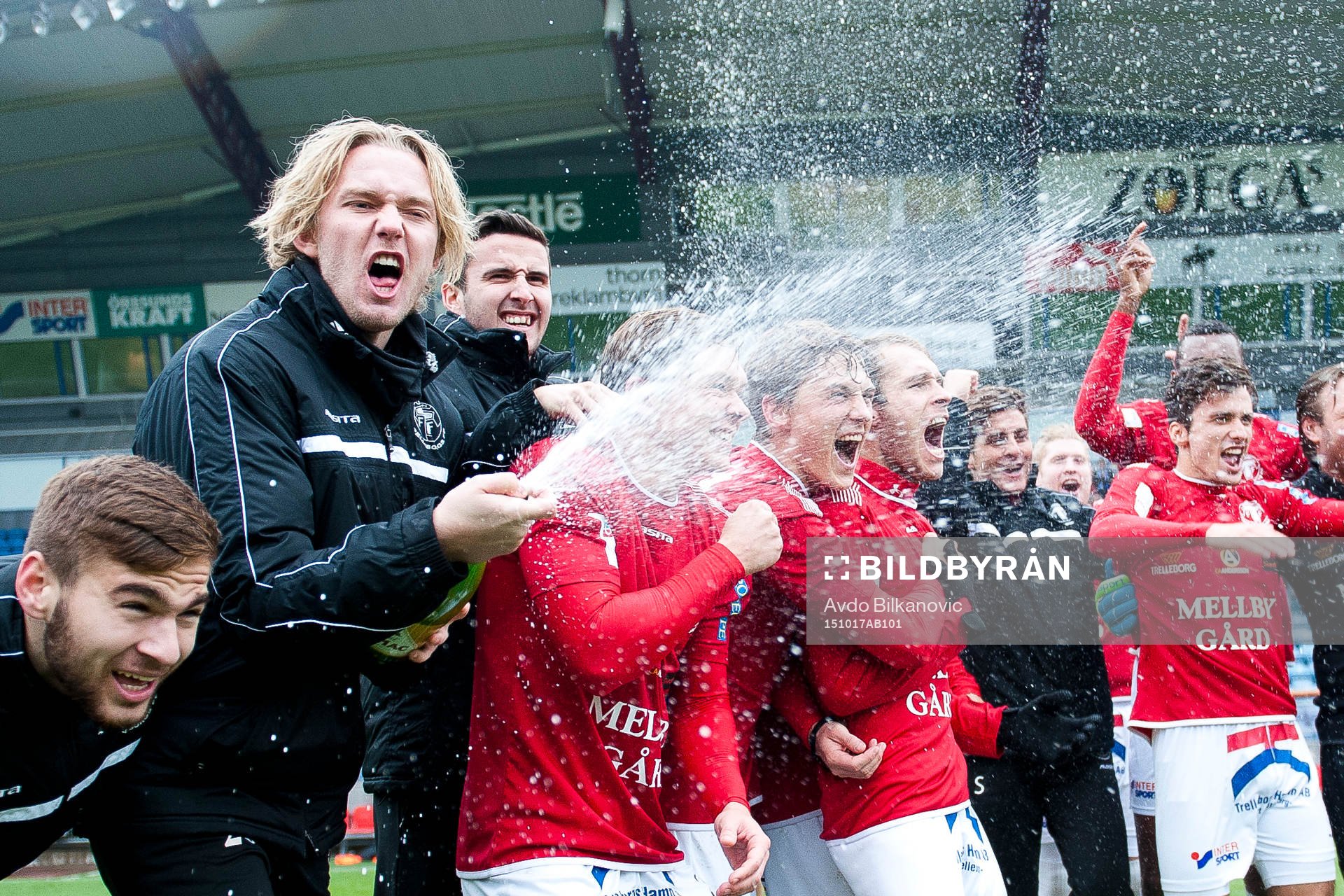 Trelleborgs spelare jublar under fotbollsmatchen i Div. 1 Södra mellan Eskilsminne IF och Trelleborgs FF den 17 oktober 2015 i Helsingborg.