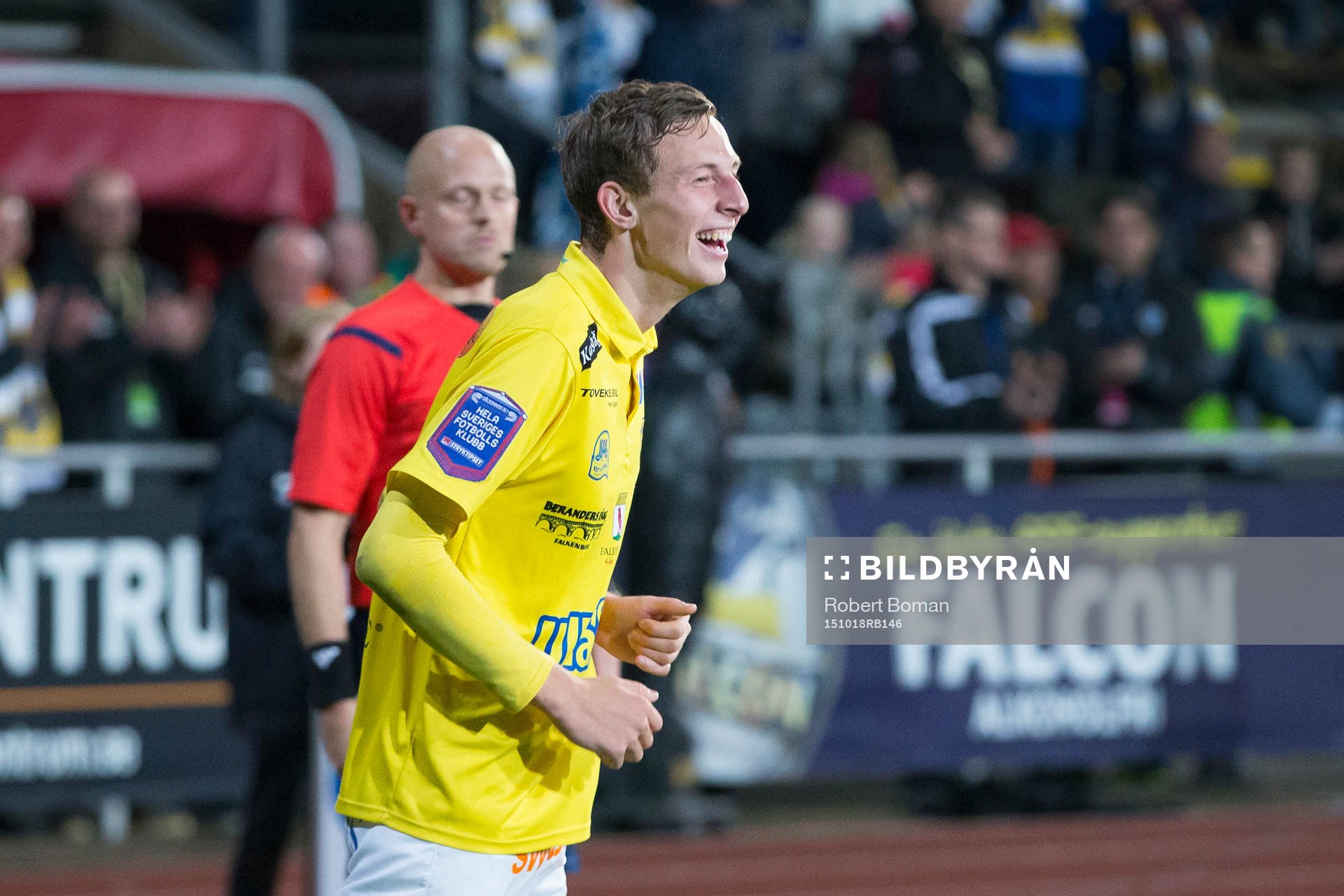 Falkenbergs Gustaf Nilsson jublar under fotbollsmatchen i Allsvenskan mellan Falkenbergs FF och Åtvidaberg den 18 oktober 2015 i Falkenberg.