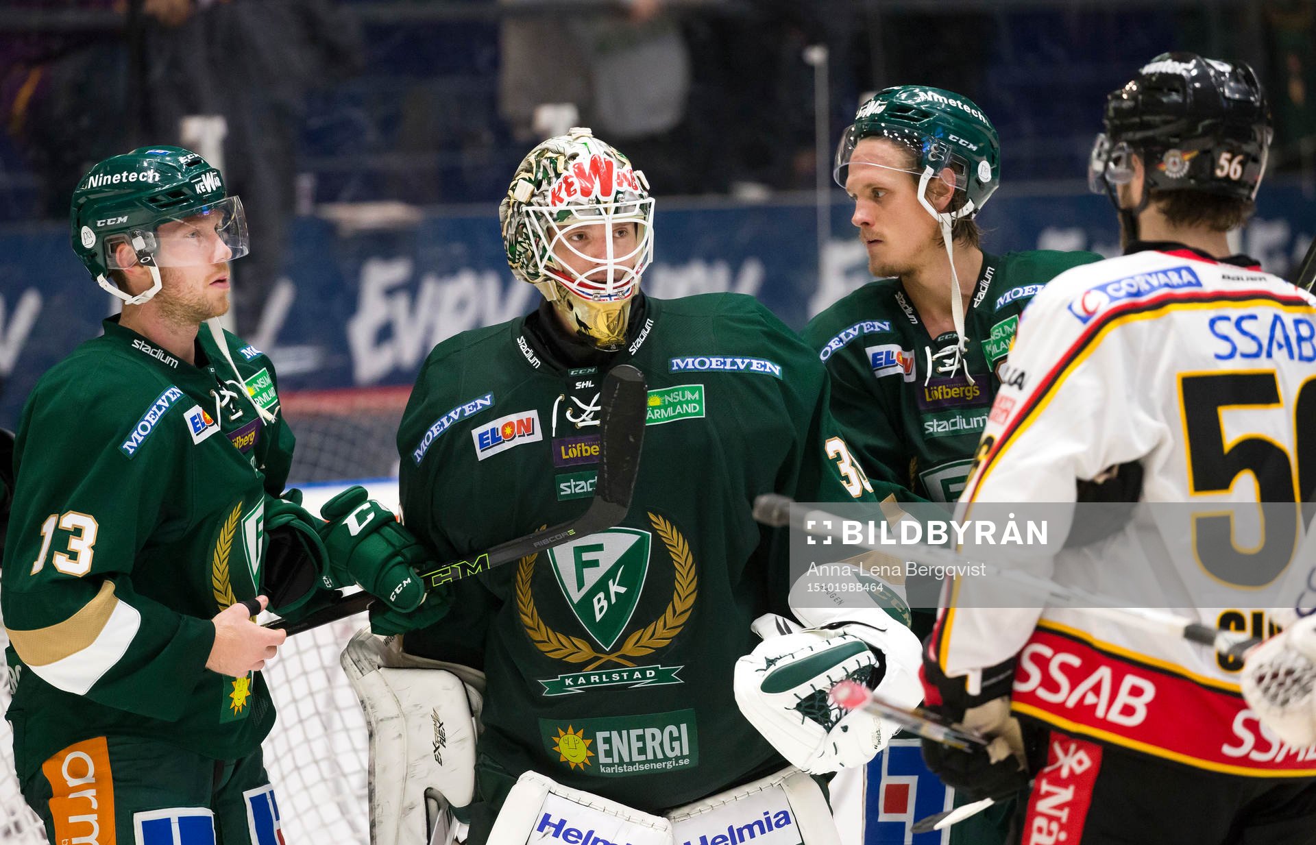 Färjestads Linus Persson, målvakt Lars Haugen och Magnus