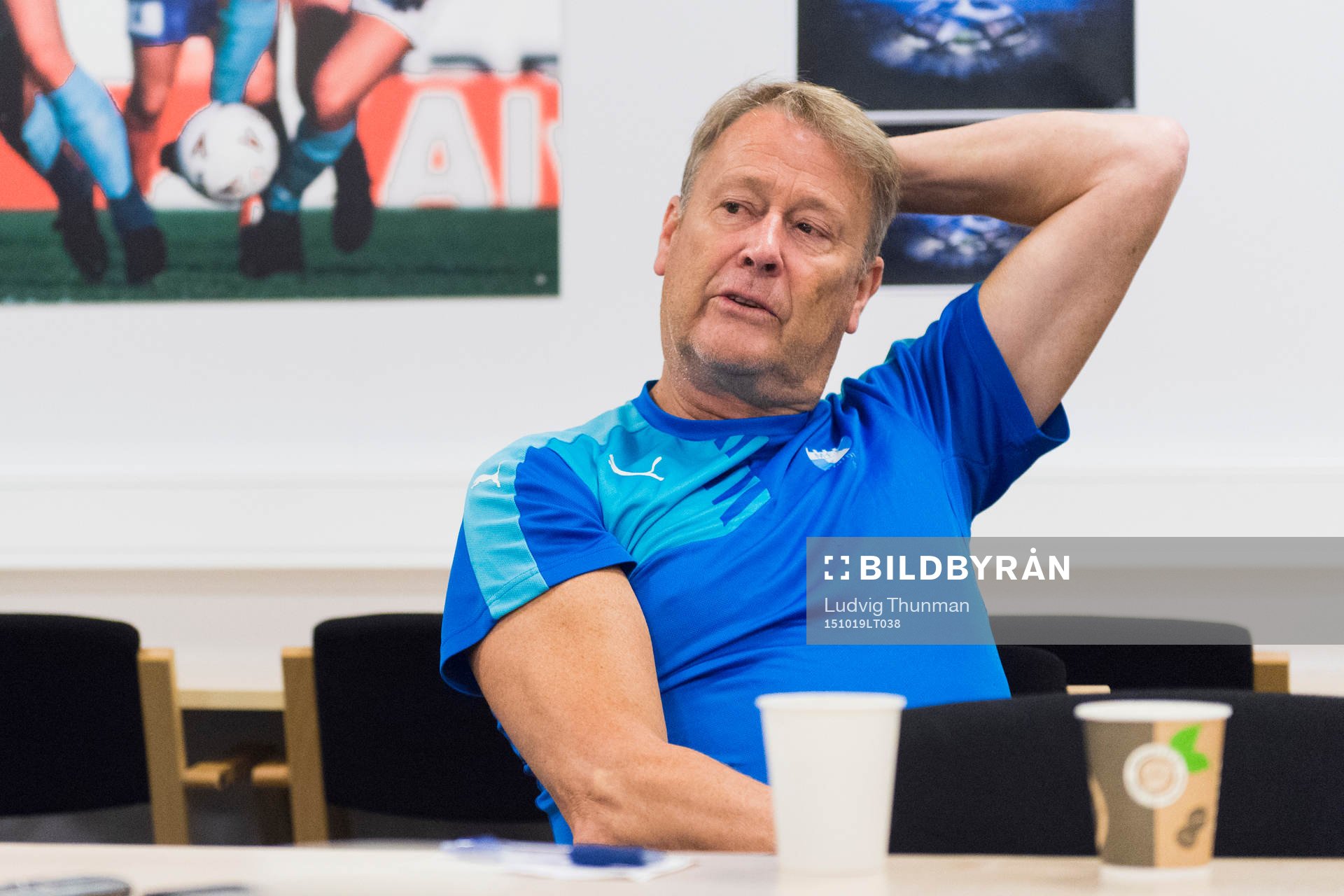 Malmös tränare Åge Hareide under en träning och pressträff med Malmö FF den 19 oktober 2015 i Malmö. 