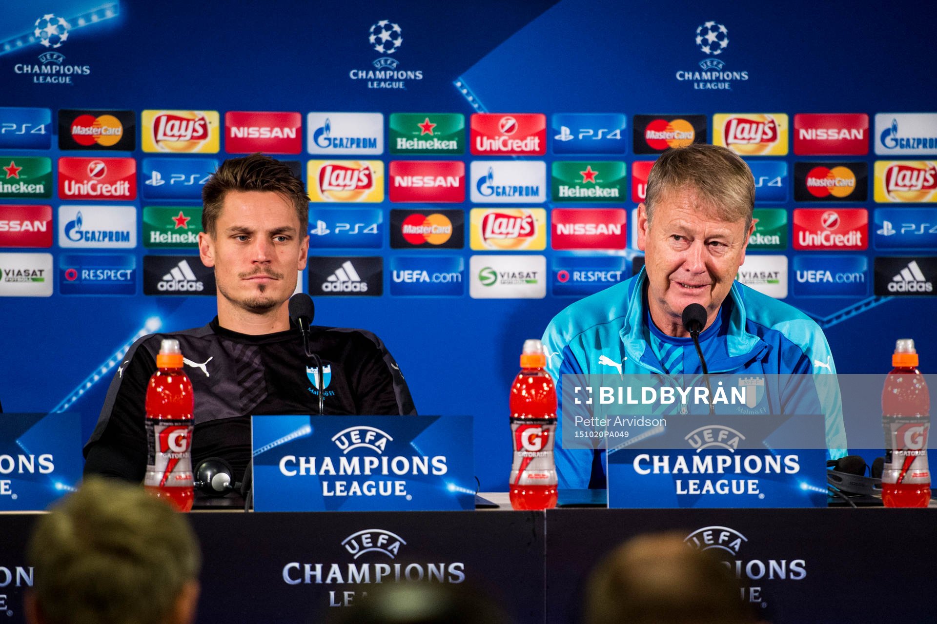 Malmös Markus Rosenberg och tränare Åge Hareide under en presskonferens inför Champions League den 20 oktober 2015 i Malmö.