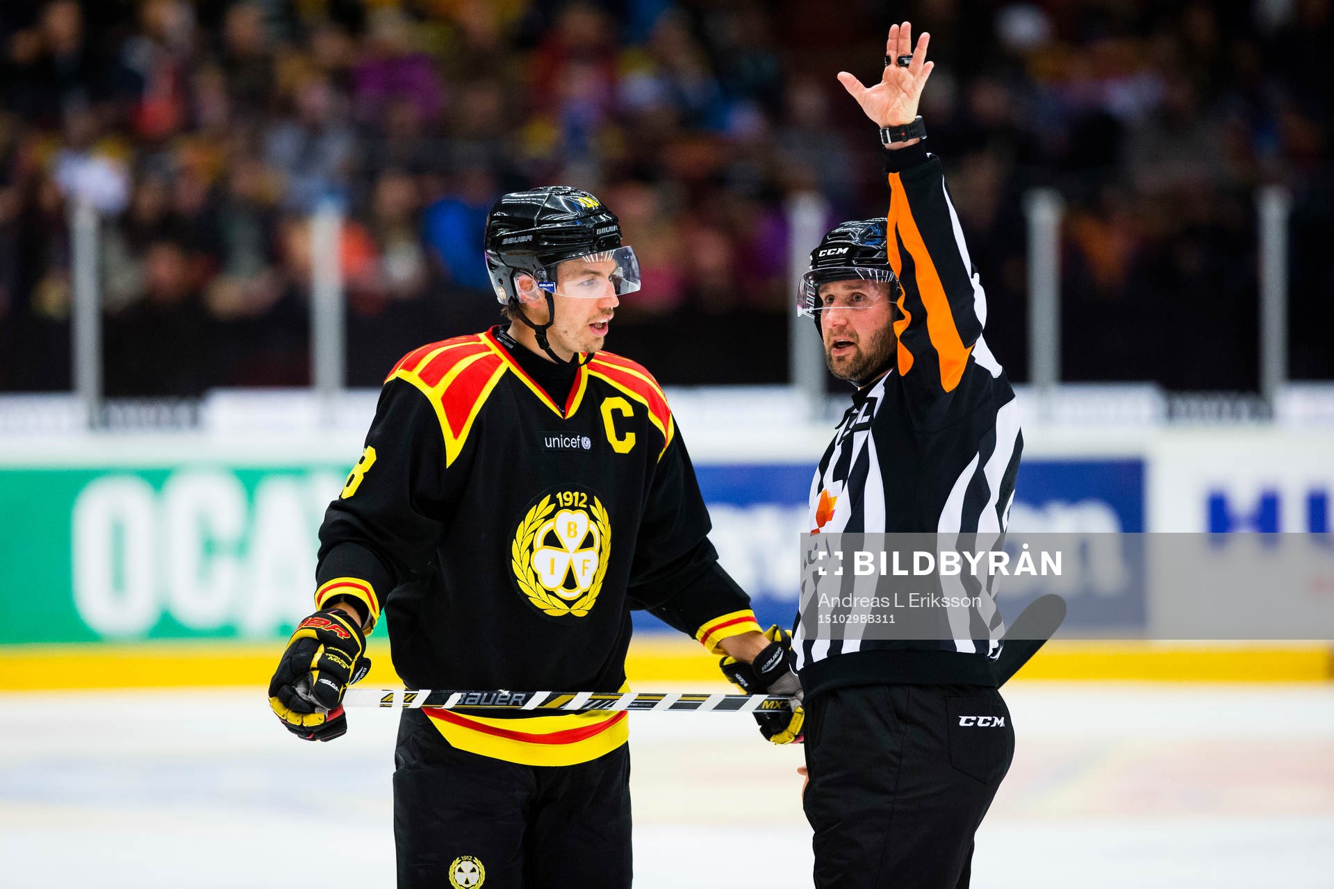 Brynäs Anton Rödin talar med domare Christoffer Karlsson