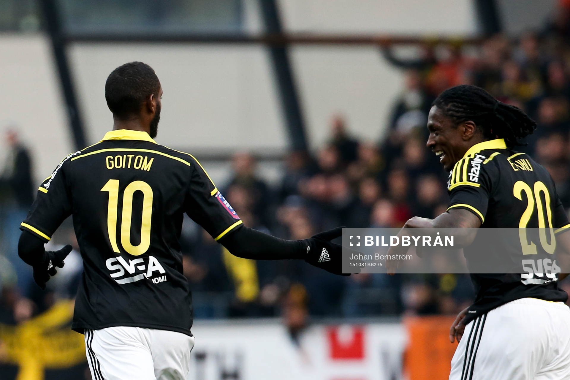 AIK:s Henok Goitom jublar med Dickson Etuhu efter 1-1 under fotbollsmatchen i Allsvenskan mellan Örebro SK och AIK den 31 oktober 2015 i Örebro.