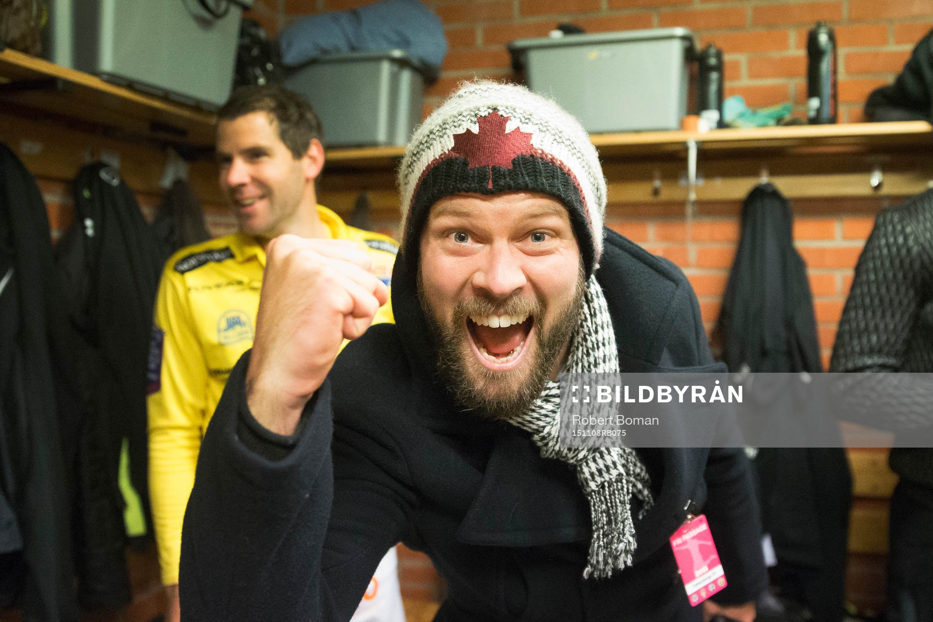 Falkenbergs David Svensson jublar in i kameran efter fotbollsmatchen och kval till allsvenskan mellan Falkenberg och Sirius den 8 November 2015 i Falkenberg.