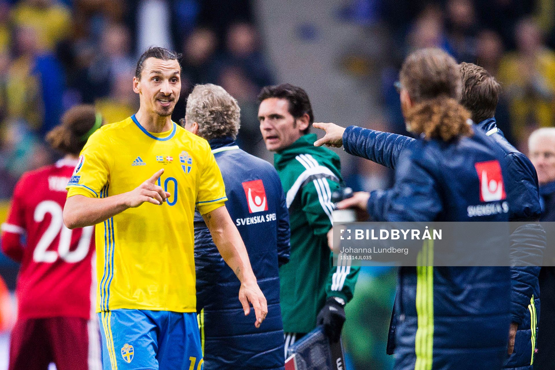 Sveriges Zlatan Ibrahimovic reagerar när han blir utbytt under fotbollsmatchen i EM-kvalets playoff mellan Sverige och Danmark den 14 november 2015 i Stockholm.