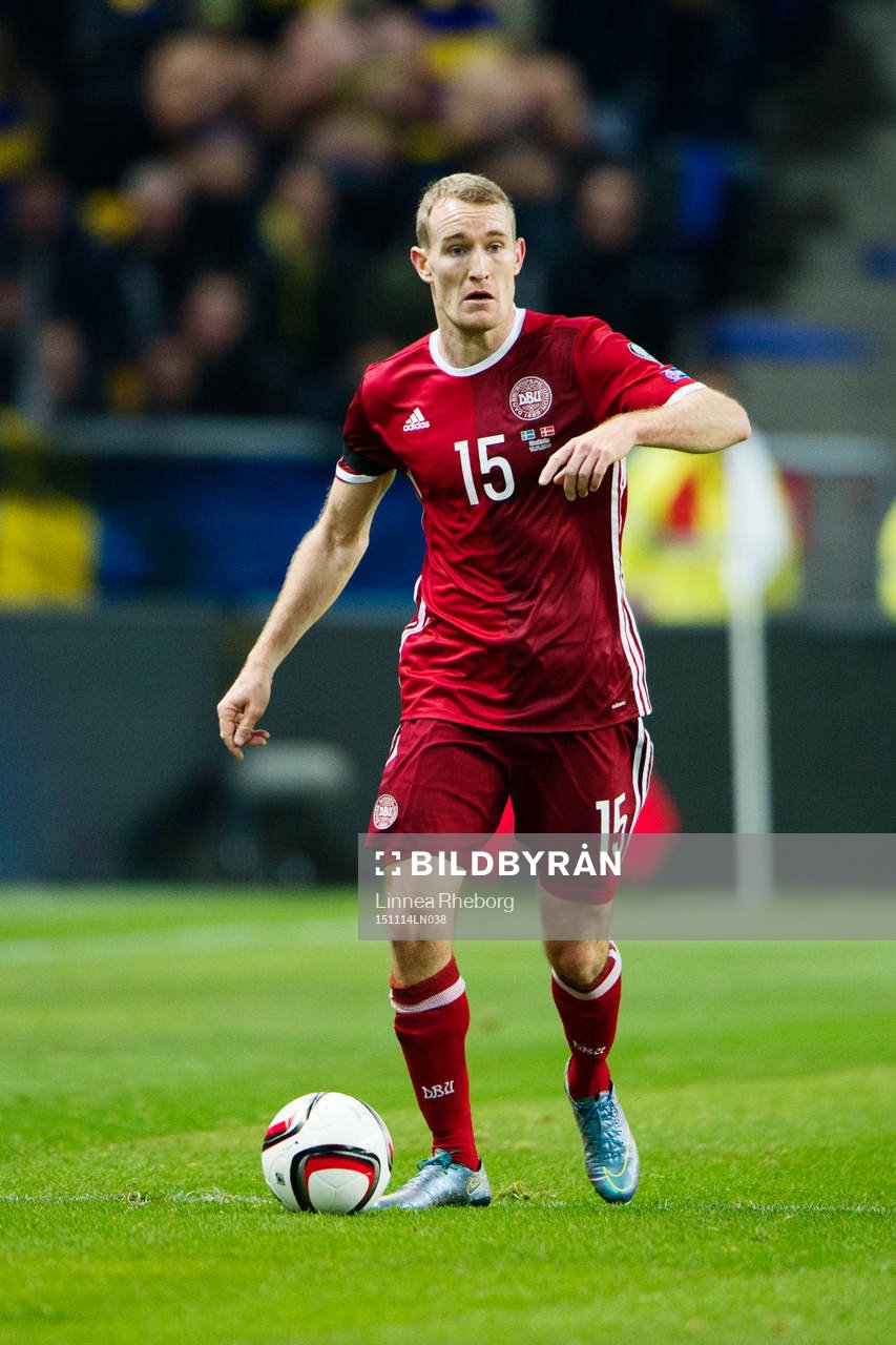 Danmarks Thomas Kahlenberg under fotbollsmatchen i EM-kvalets playoff mellan Sverige och Danmark den 14 november 2015 i Stockholm.
