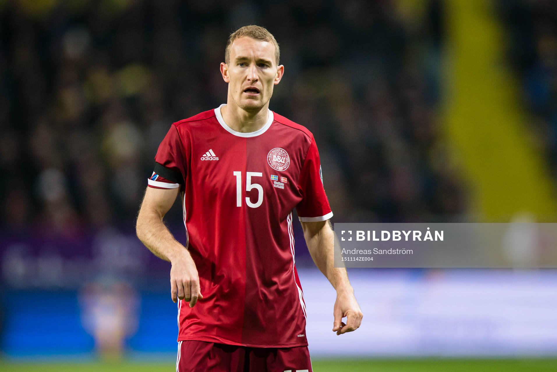 Danmarks Thomas Kahlenberg under fotbollsmatchen i EM-kvalets playoff mellan Sverige och Danmark den 14 November 2015 i Stockholm. 