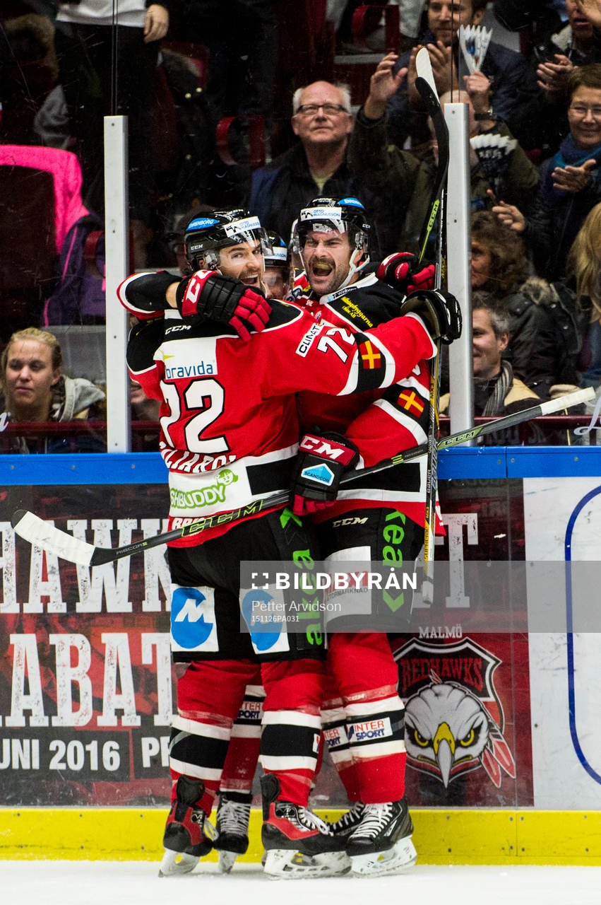 Malmö Redhawks T.J. Galiardi och Kent McDonell jublar