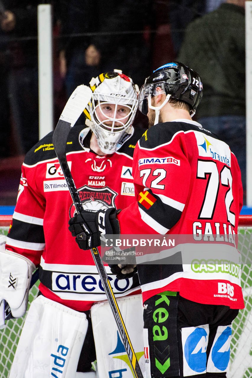 Malmö Redhawks målvakt Jonas Gunnarsson gratuleras av
