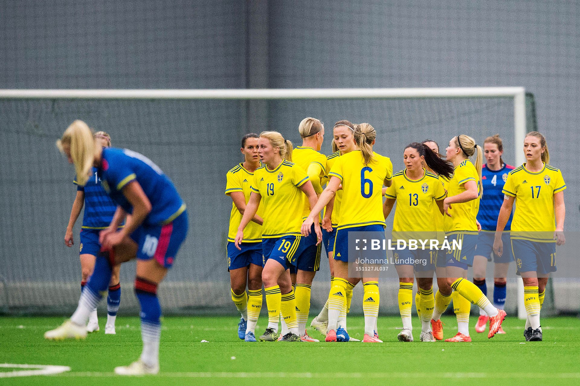 Det gula laget jublar under en internmatch i fotboll för det Svenska fotbollslandslaget den 27 november 2015 i Stockholm.