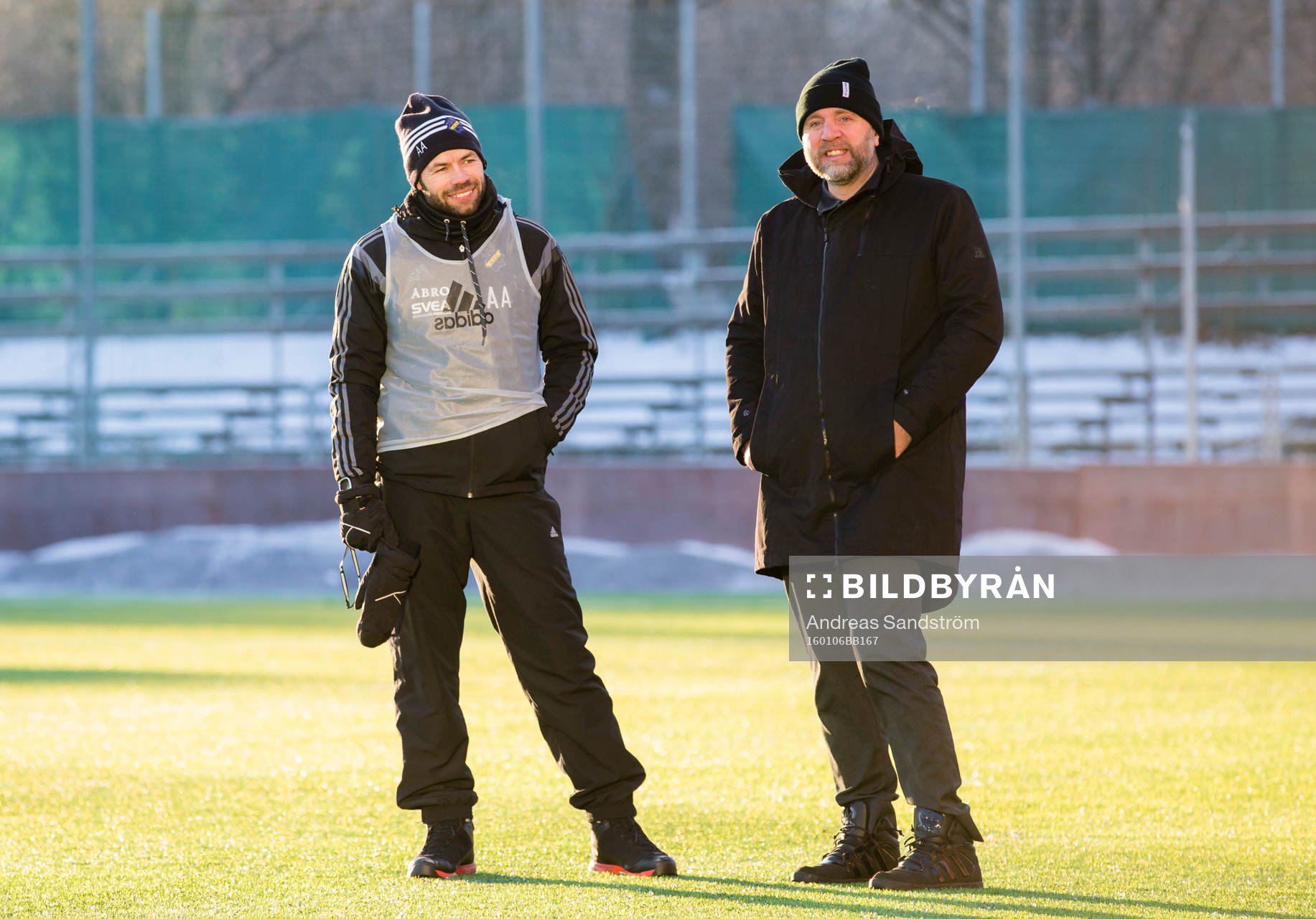 AIK:s tränare Andreas Alm och sportchef Björn Wesström efter en träning med AIK den 6 Januari 2016 i Stockholm. 