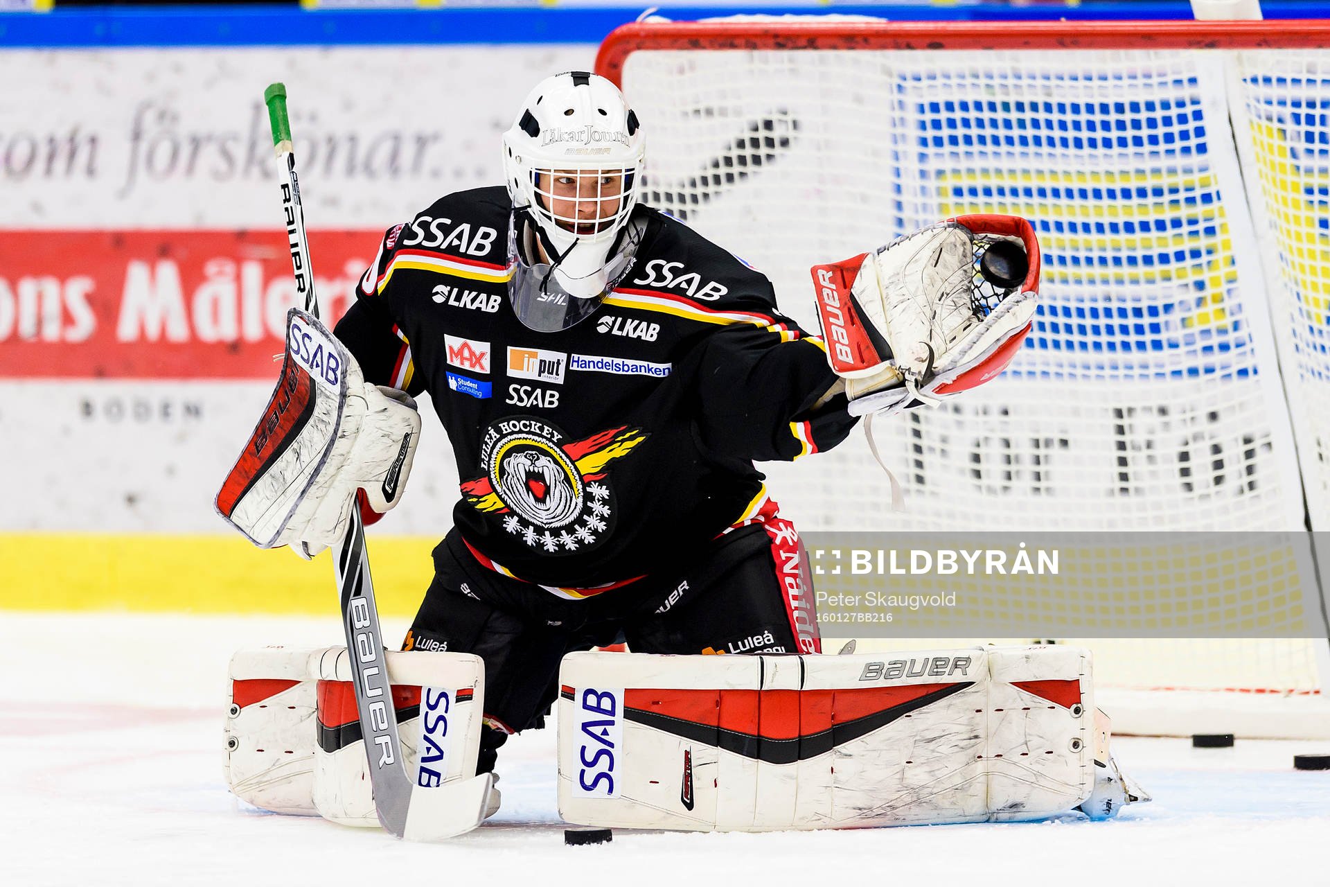 Luleås målvakt Filip Gustafsson på uppvärmning