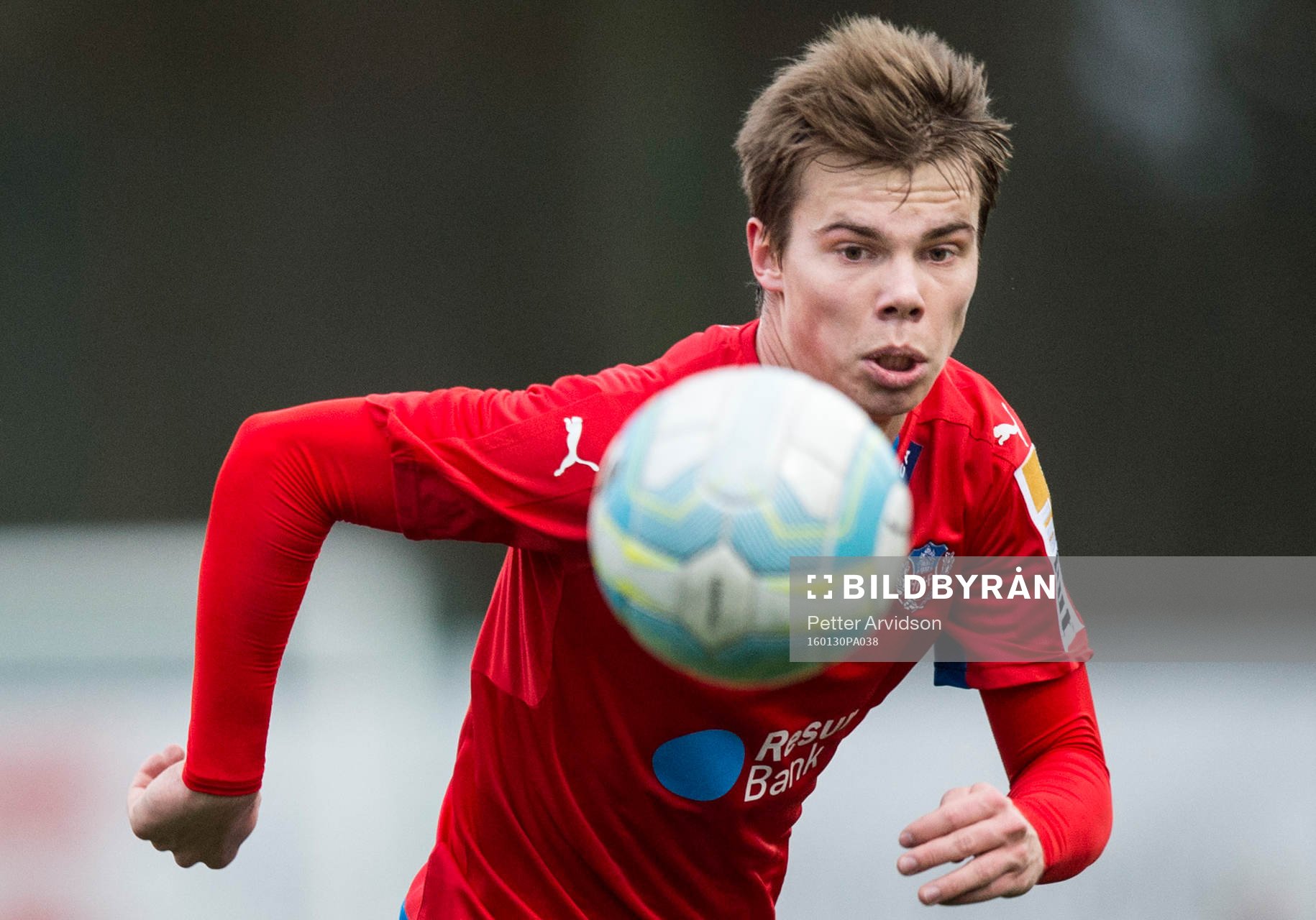 Helsingborgs Elias Andersson under en träningsmatch i fotboll mellan Helsingborg och Halmstad 30 januari 2016 i Helsingborg.