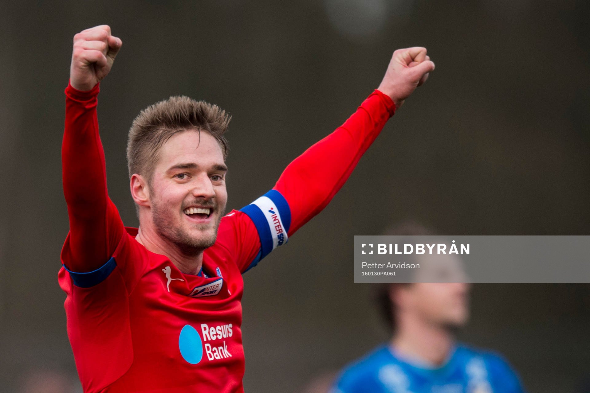 Helsingborgs Johan Mårtensson jublar efter 2-0 under en träningsmatch i fotboll mellan Helsingborg och Halmstad 30 januari 2016 i Helsingborg.