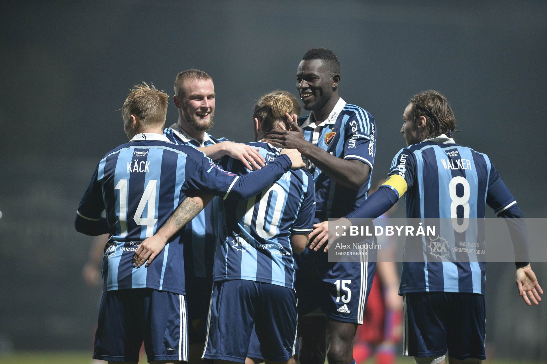 Djurgårdens Daniel Berntsen jublar under en träningsmatch i fotboll mellan Djurgården och Steaua Bukarest den 04 februari 2016 i Antalya. Fr v Elliot Käck Alexander Faltsetas Daniel Berntsen Michael Olunga och Kevin Walker