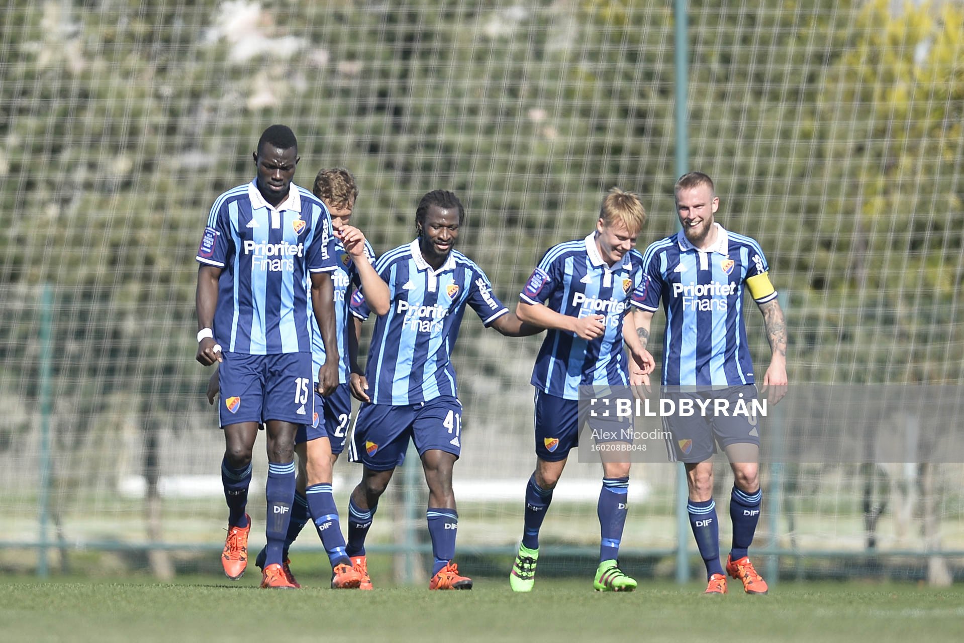 Djurgården jublar under en träningsmatch i fotboll mellan Djurgården och Odense den 08 februari 2016 i Side.