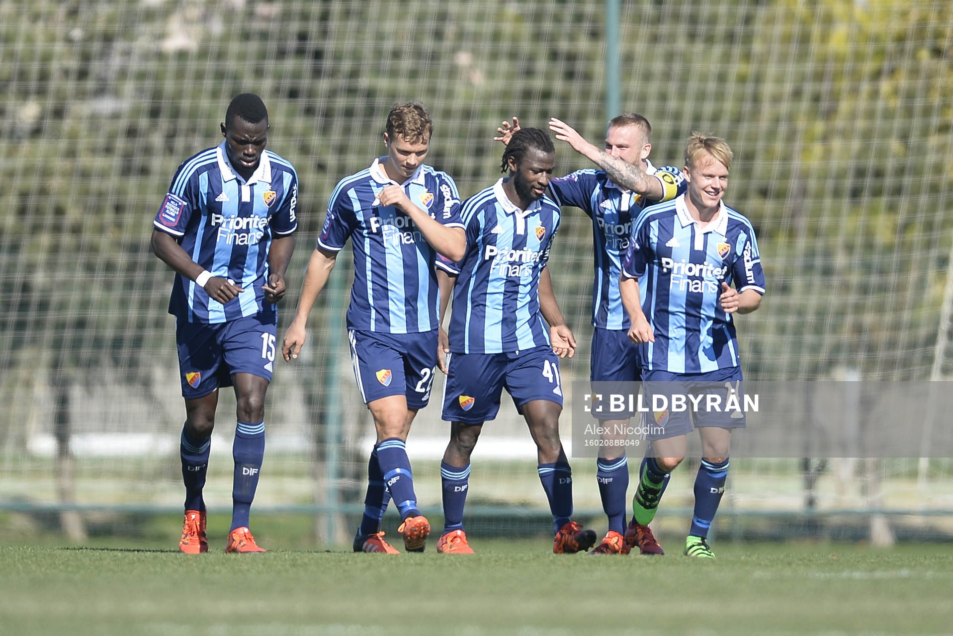 Djurgården jublar under en träningsmatch i fotboll mellan Djurgården och Odense den 08 februari 2016 i Side.