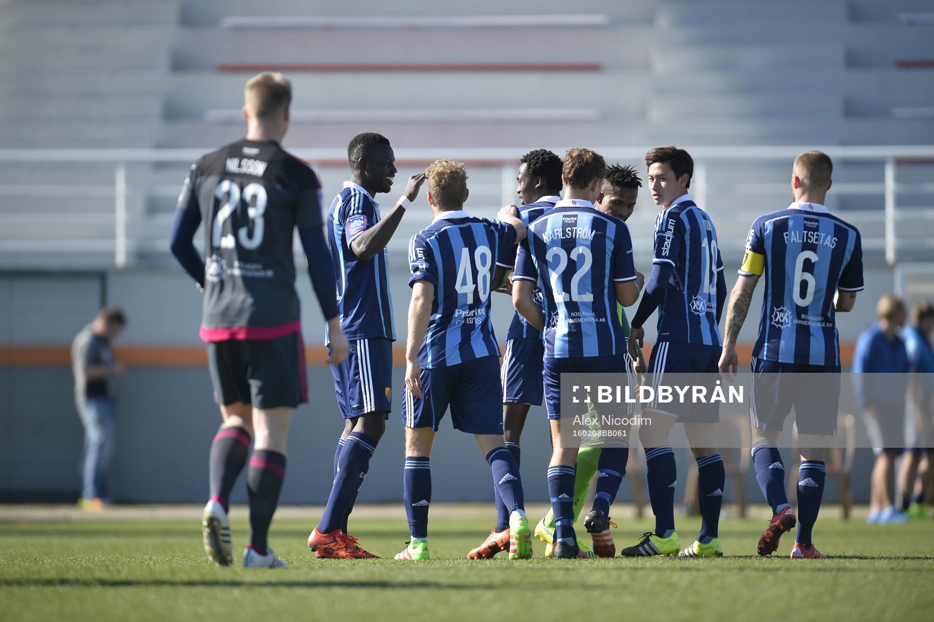 Djurgårdens lag jublar efter en träningsmatch i fotboll mellan Djurgården och Odense den 08 februari 2016 i Side.