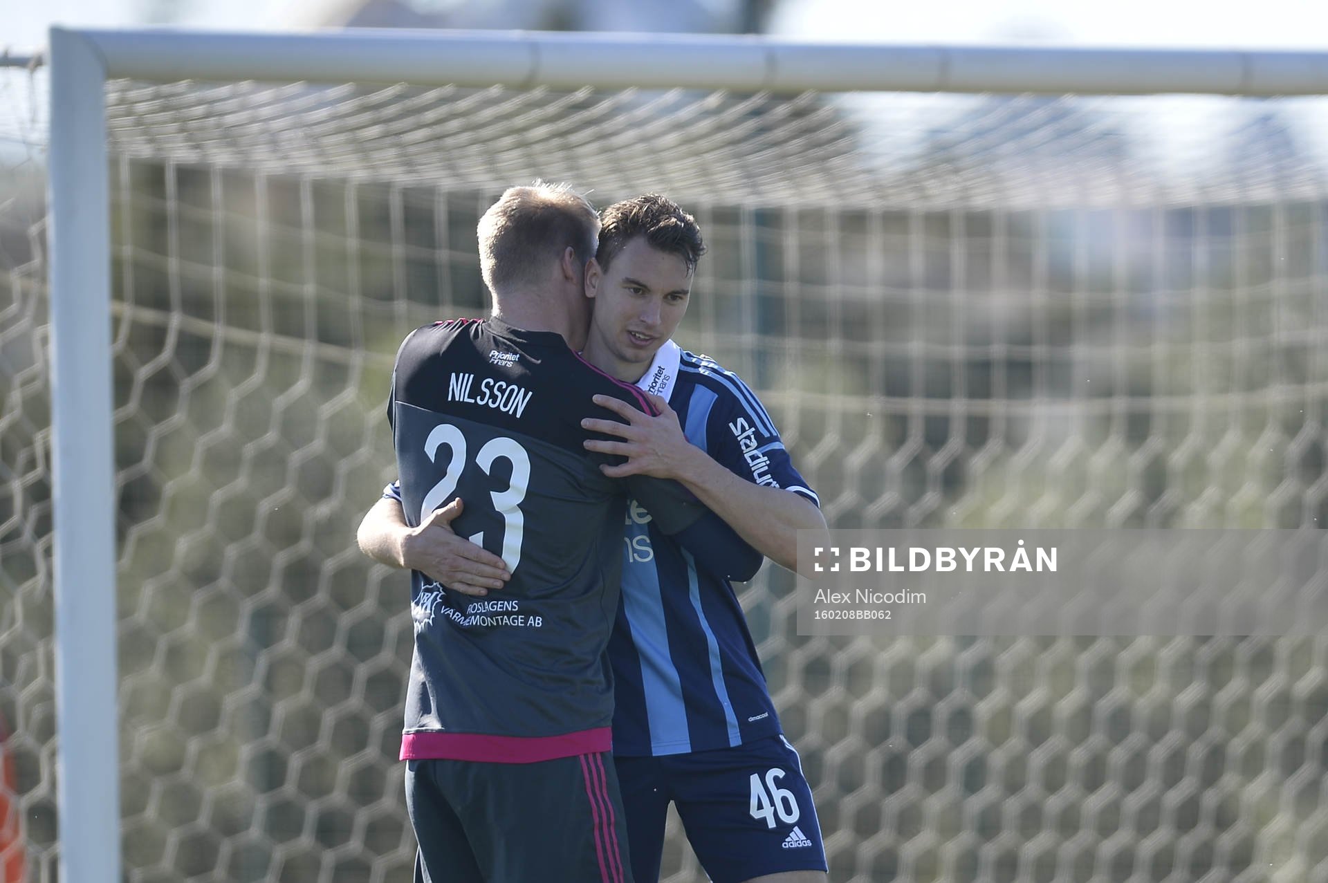 Djurgårdens målvakt Hampus Nilsson och Marcus Hansson jublar efter en träningsmatch i fotboll mellan Djurgården och Odense den 08 februari 2016 i Side.