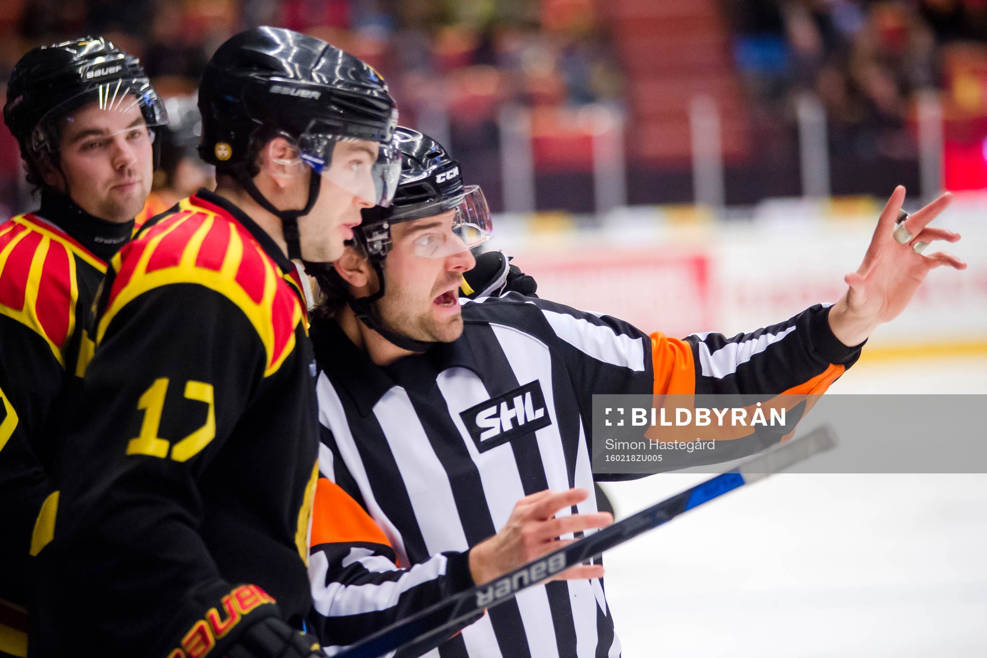 Domaren Mikael Sjöqvist i samtal med Brynäs Ponthus