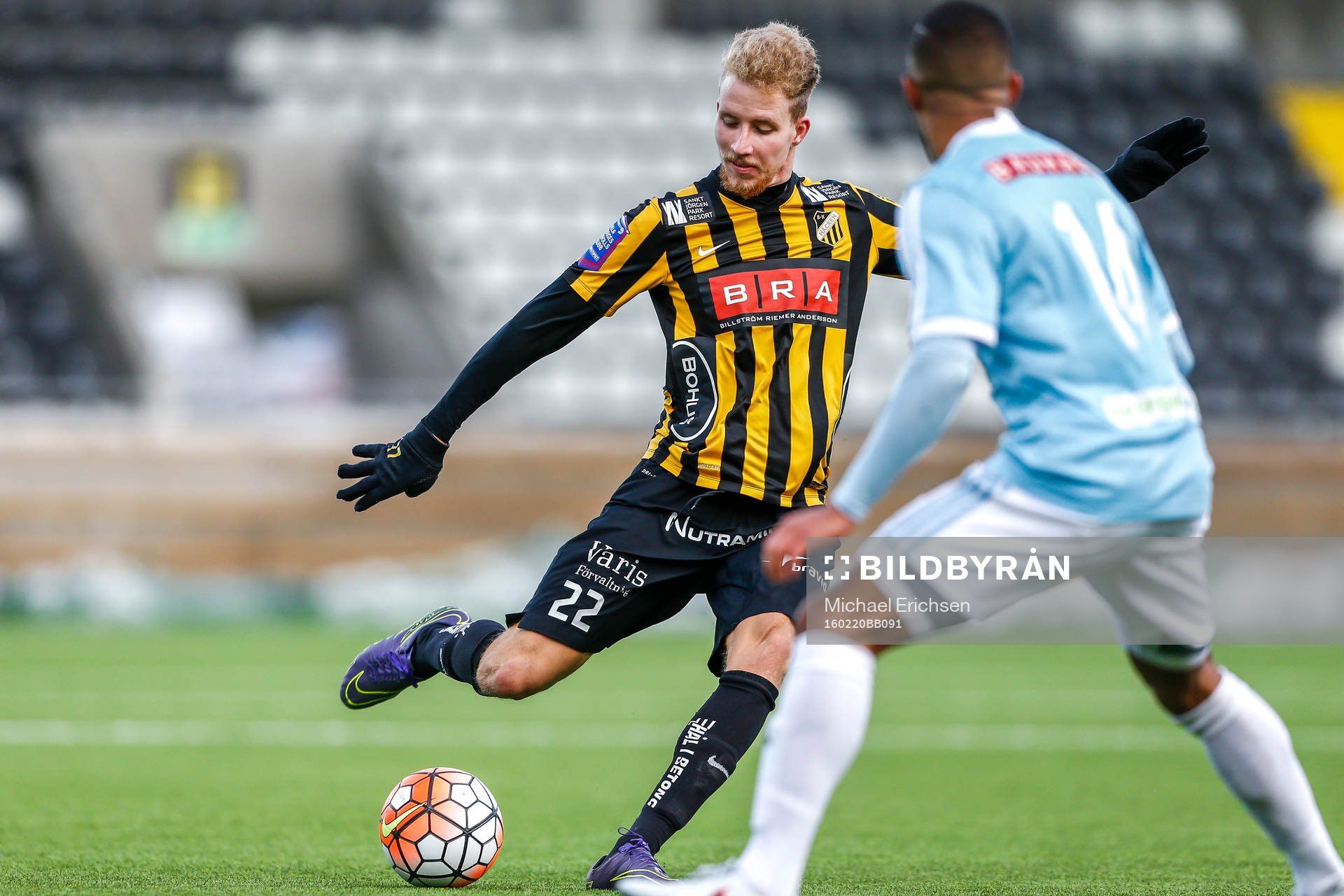 Häckens Samuel Gustafson under en fotbollsmatch i Svenska Cupen mellan Häcken och Brommapojkarna den 20 februari 2016 i Göteborg.