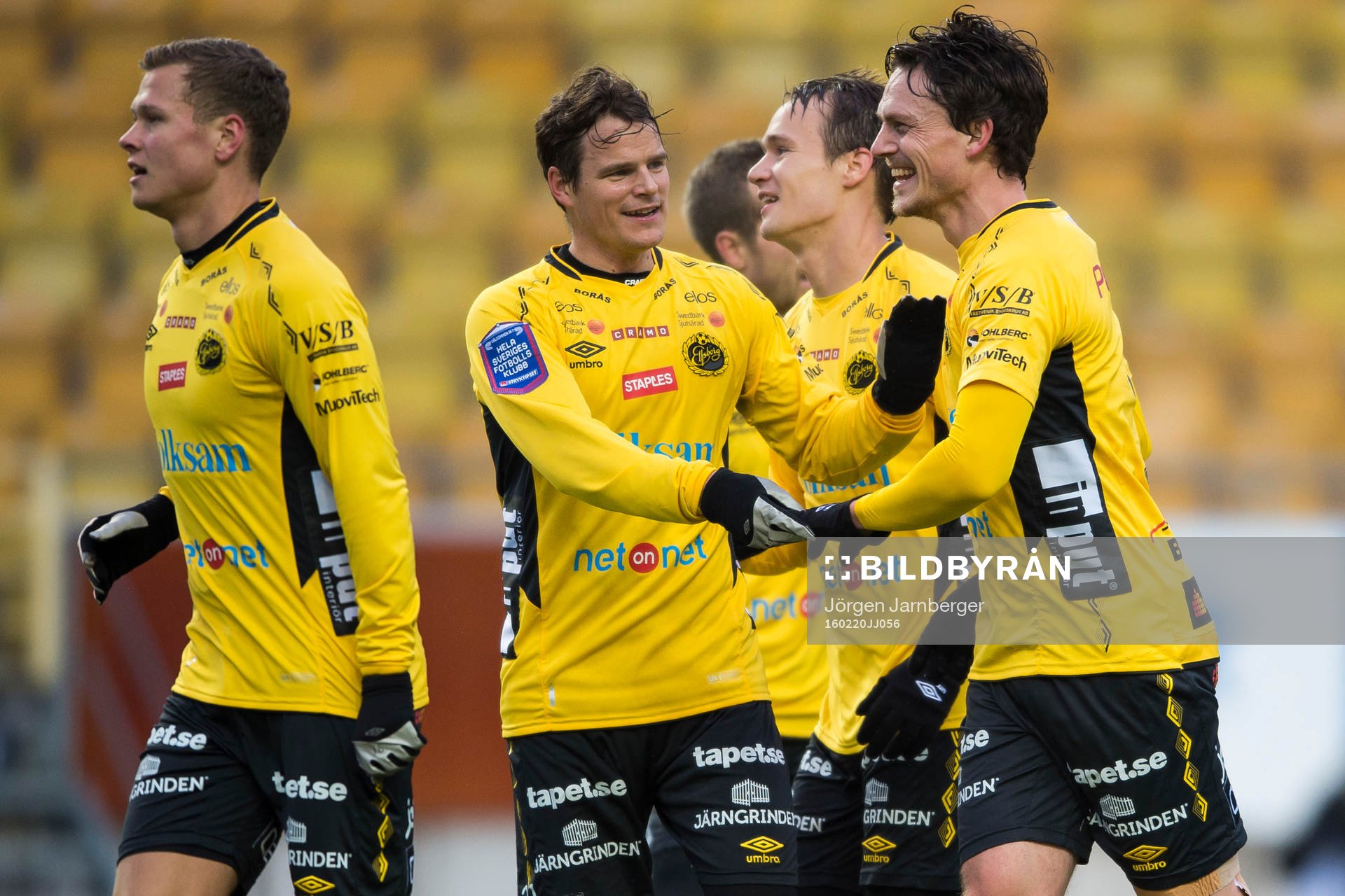 Elfsborgs spelare Henning Hauger och Jörgen Horn jublar efter att Viktor Prodell (mitt i bild) gjort 1-0 under en fotbollsmatch i Svenska cupen mellan Elfsborg och Assyriska den 20 februari 2016 i Borås.