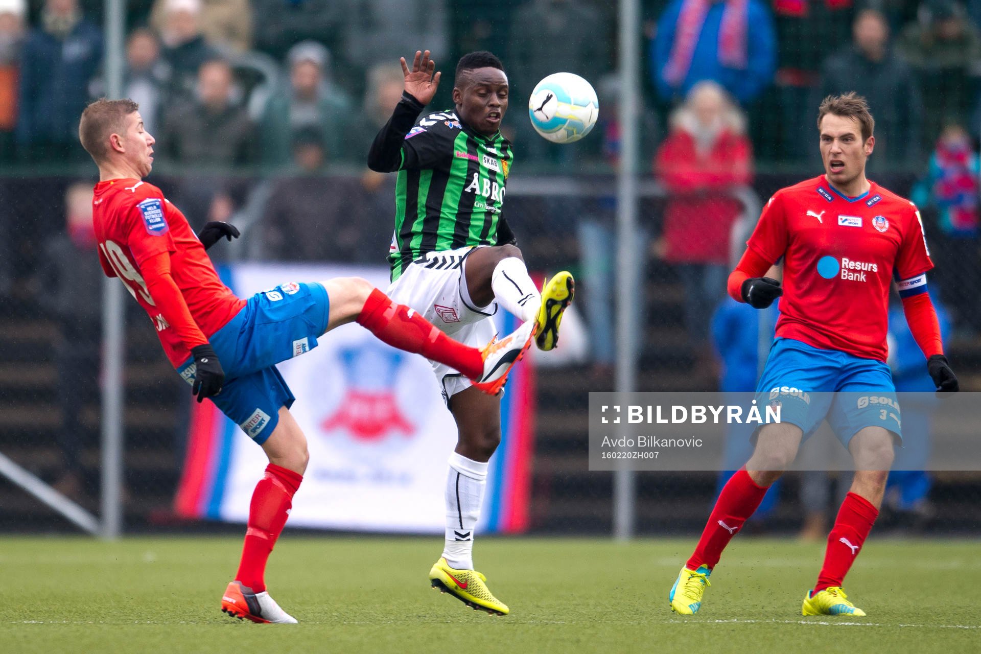 Helsingborgs Darijan Bojanić och GAIS Pule Maraisane under fotbollsmatchen i Svenska Cupen mellan Helsingborg och GAIS den 20 februari 2016 i Helsingborg.