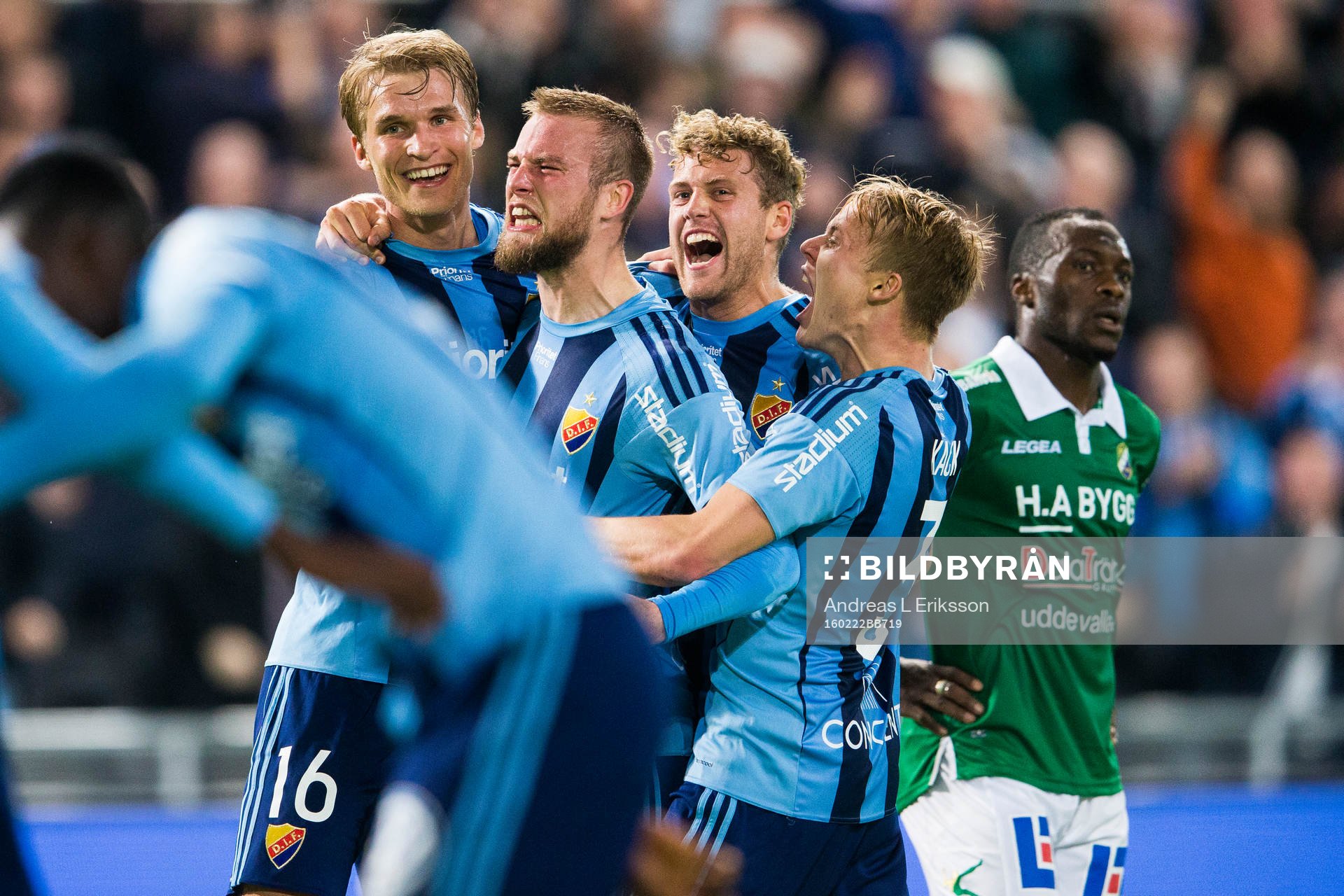 Djurgårdens Sebastian Andersson jublar tillsammans med Alexander Faltsetas, Stefan Karlsson och Elliot Käck efter att ha gjort 2-1 under fotbollsmatchen i Svenska Cupen mellan Djurgården och Ljungskile den 22 februari 2016 i Stockholm.