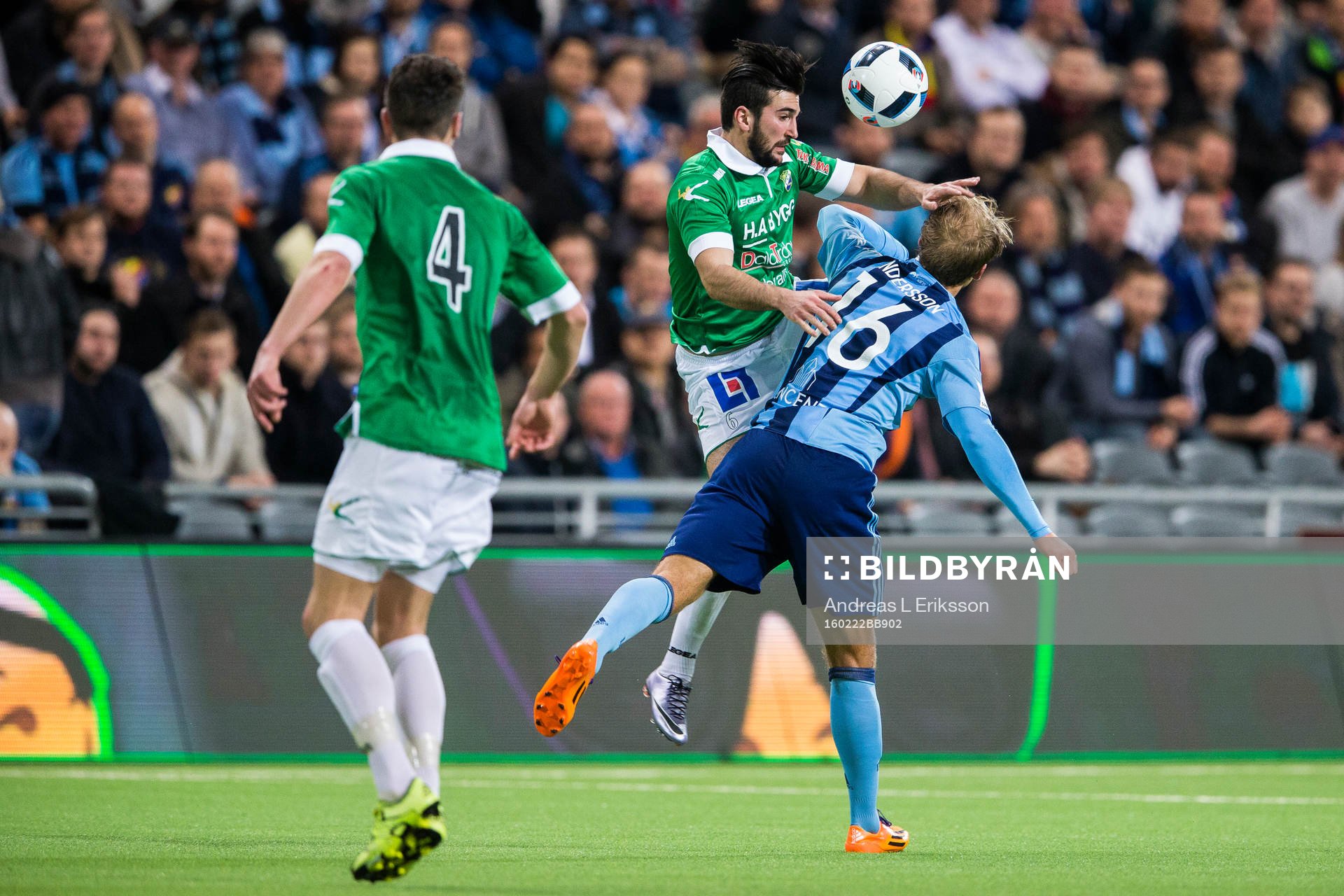 Ljungskiles Allan Mohideen i en nickduell med Djurgårdens Sebastian Andersson under fotbollsmatchen i Svenska Cupen mellan Djurgården och Ljungskile den 22 februari 2016 i Stockholm.