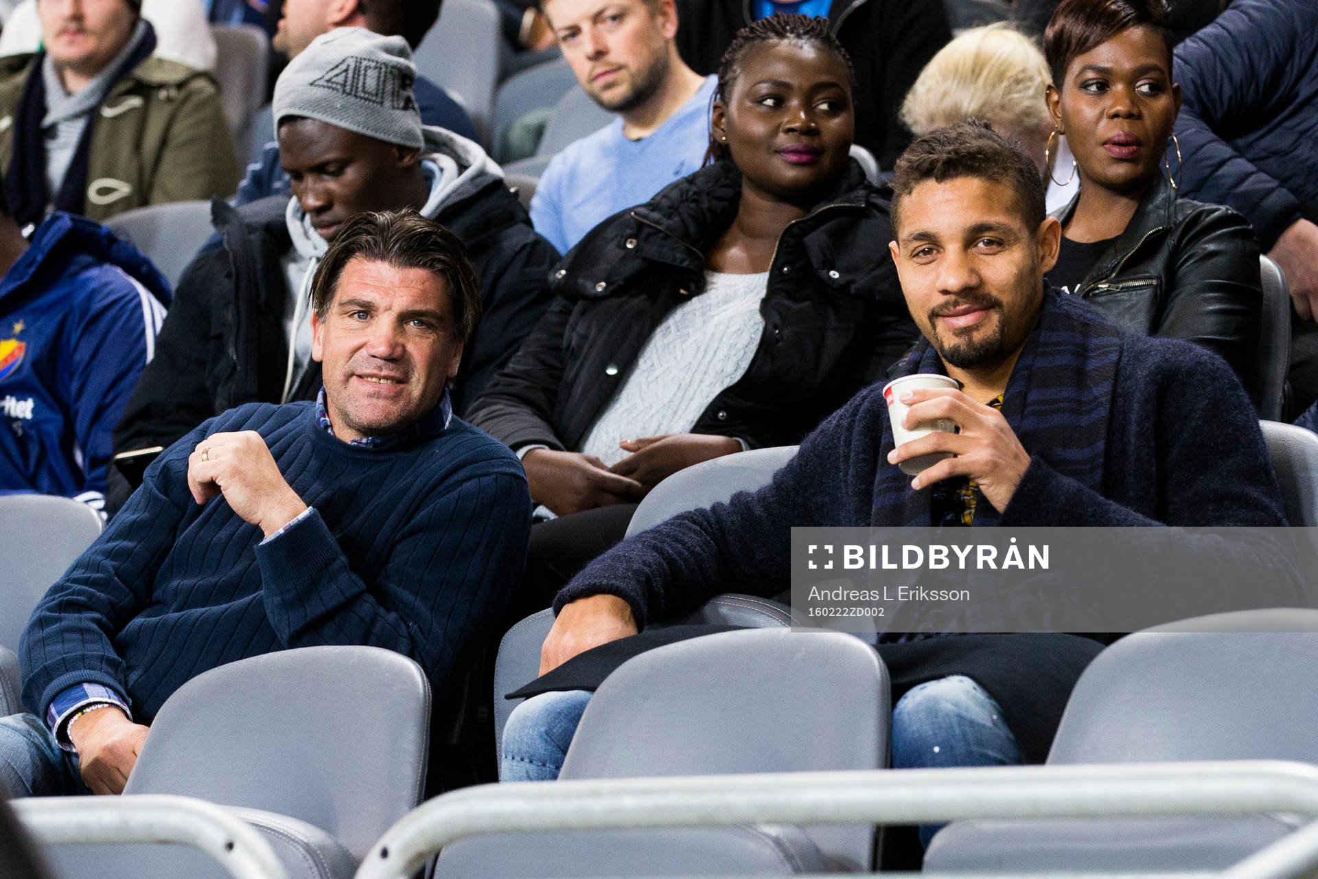Djurgårdens sportchef Bo Andersson och Djurgårdens nyförvärv Mathias Ranégie på läktaren innan fotbollsmatchen i Svenska Cupen mellan Djurgården och Ljungskile den 22 februari 2016 i Stockholm. 