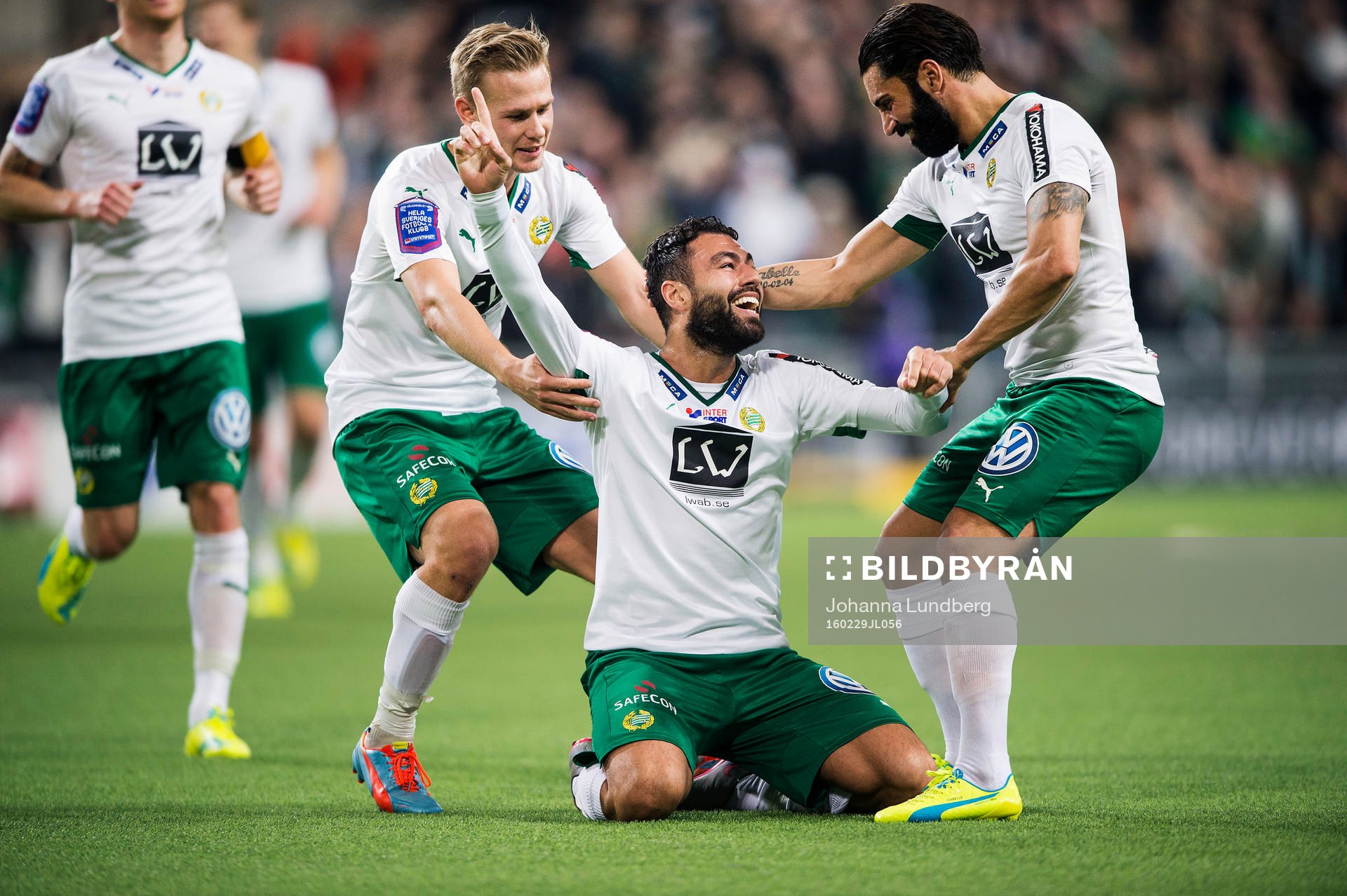 Hammarbys Imad Khalili (m) jublar med Erik Israelsson (tv) och Stefan Batan (th) efter att han har gjort 4-2 under fotbollsmatchen i Svenska cupen mellan Hammarby och Ljungskile den 29 februari 2016 i Stockholm.