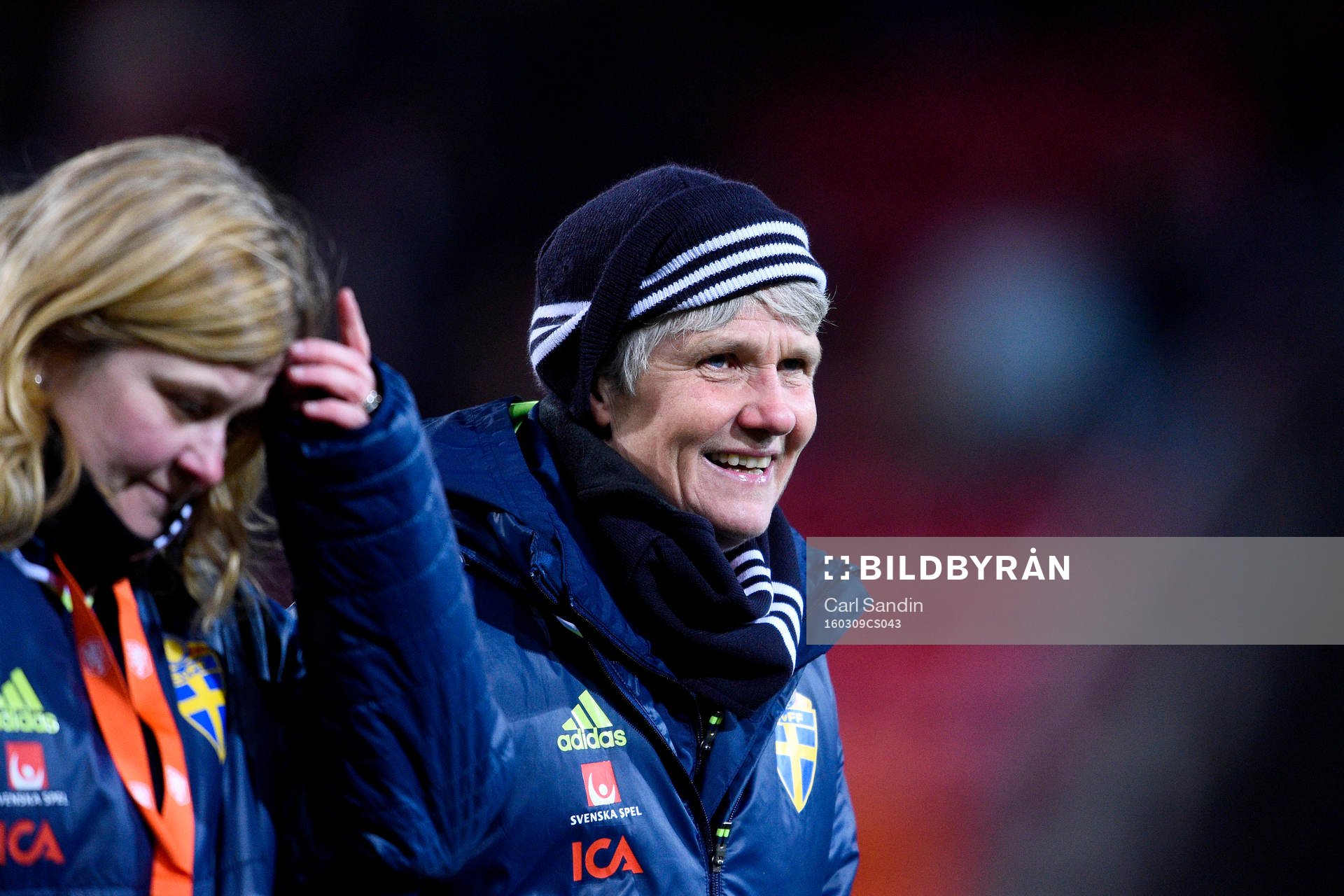 Sveriges förbundskapten Pia Sundhage efter OS-kvalmatchen i fotboll mellan Nederländerna och Sverige den 9 mars 2016 i Rotterdam.