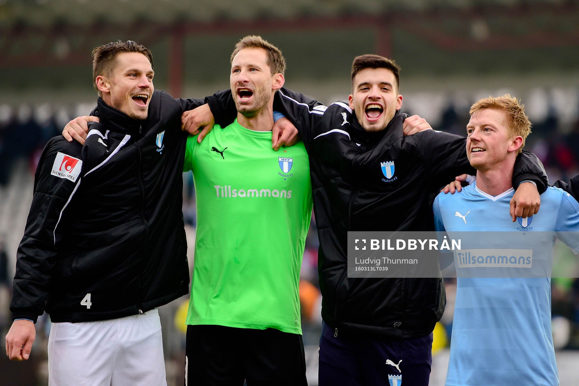 Malmö FFs Markus Rosenberg , målvakt Johan Wiland , Vladimir Rodic och Anders Christiansen jublar efter fotbollsmatchen i Svenska Cupen mellan Malmö FF och Norrköping den 13 mars 2016 i Malmö.