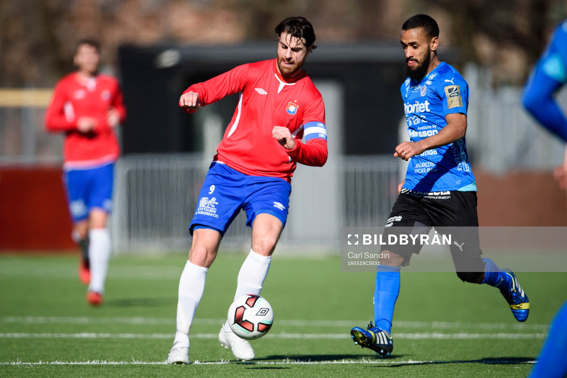 Örgrytes George Mourad och Halmstads Junes Barny under en träningsmatch i fotboll mellan Örgryte och Halmstad den 19 mars 2016 i Göteborg.