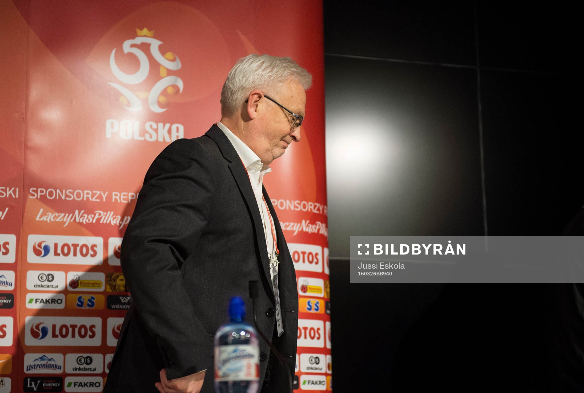 Finlands Förbundskapten Hans Backe under fotbollslandskampen mellan Polen och Finland den 26 mars 2016 i Wroclaw.