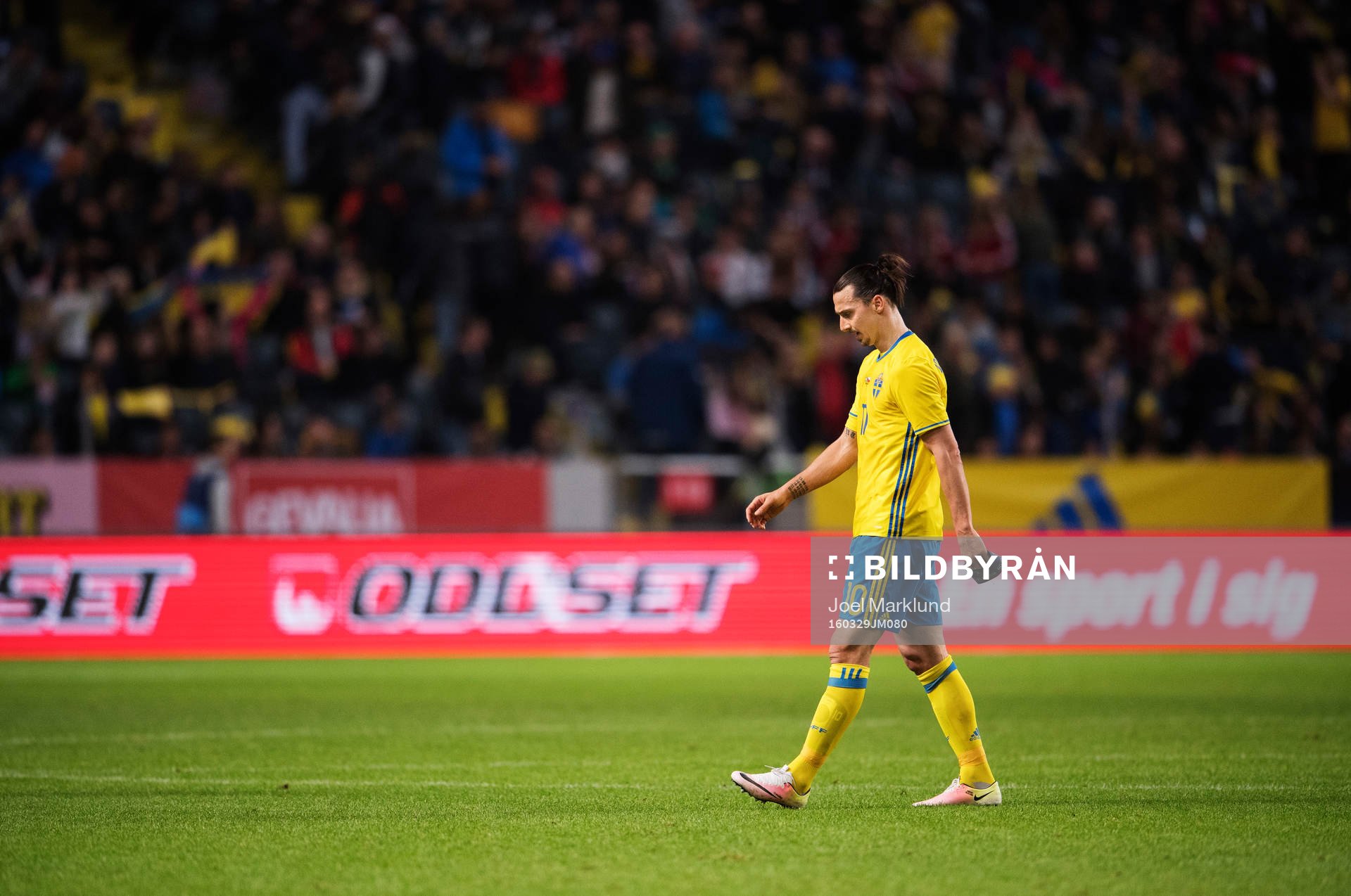 Sveriges Zlatan Ibrahimovic deppar när han lämnar planen