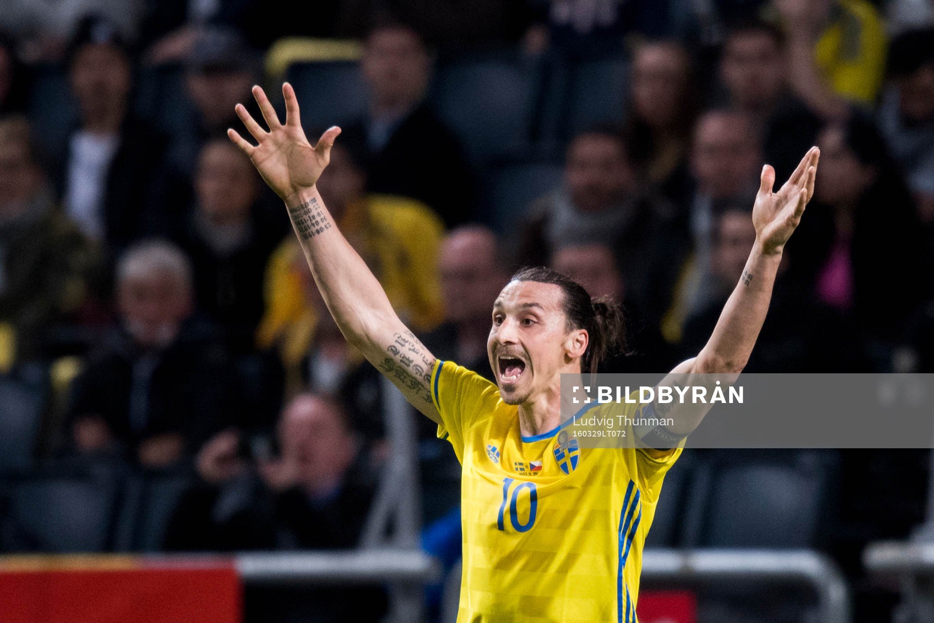 Sveriges Zlatan Ibrahimovic gestikulerar under fotbollsmatchen mellan Sverige och Tjeckien den 29 mars i Stockholm.